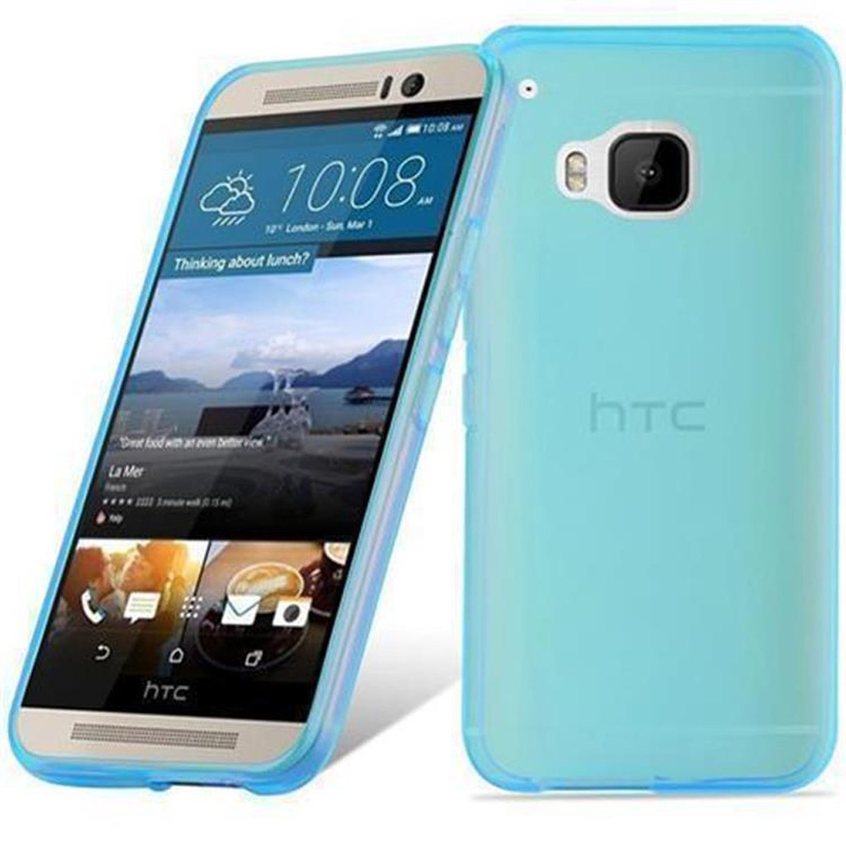Eine türkisfarbene Handyhülle mit dem HTC-Logo. Der Bildschirm zeigt Zeit und eine Landschaftsszene.