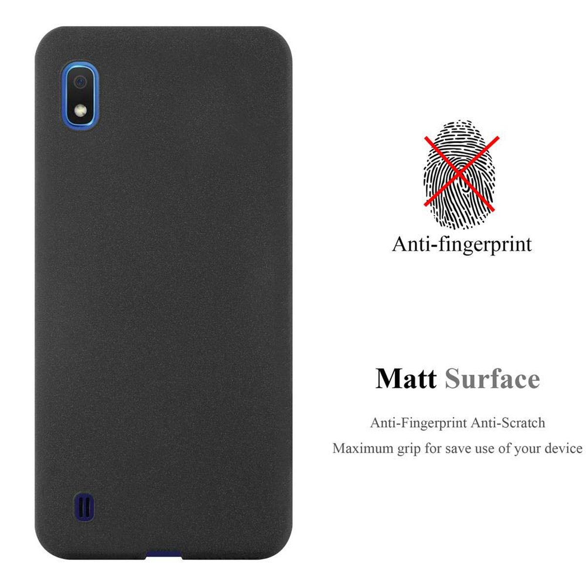 Custodia per telefono nera. Design anti-impronta e superficie opaca. Testo su sfondo bianco. Telefono mostrato.