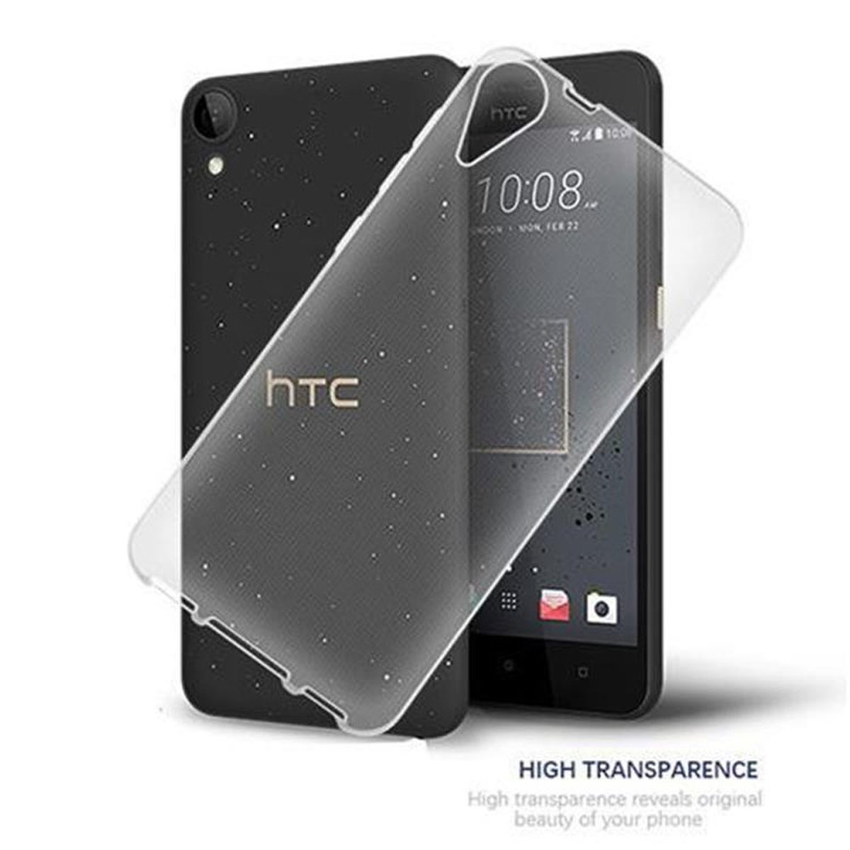 Telefono HTC nero con custodia trasparente, che mostra lo schermo. La custodia ha il logo HTC.