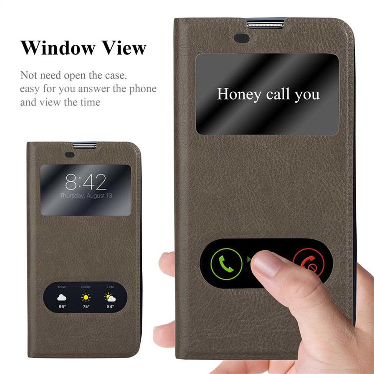 Una funda de teléfono marrón con ventana. La pantalla del teléfono muestra una llamada. La hora es 8:42.