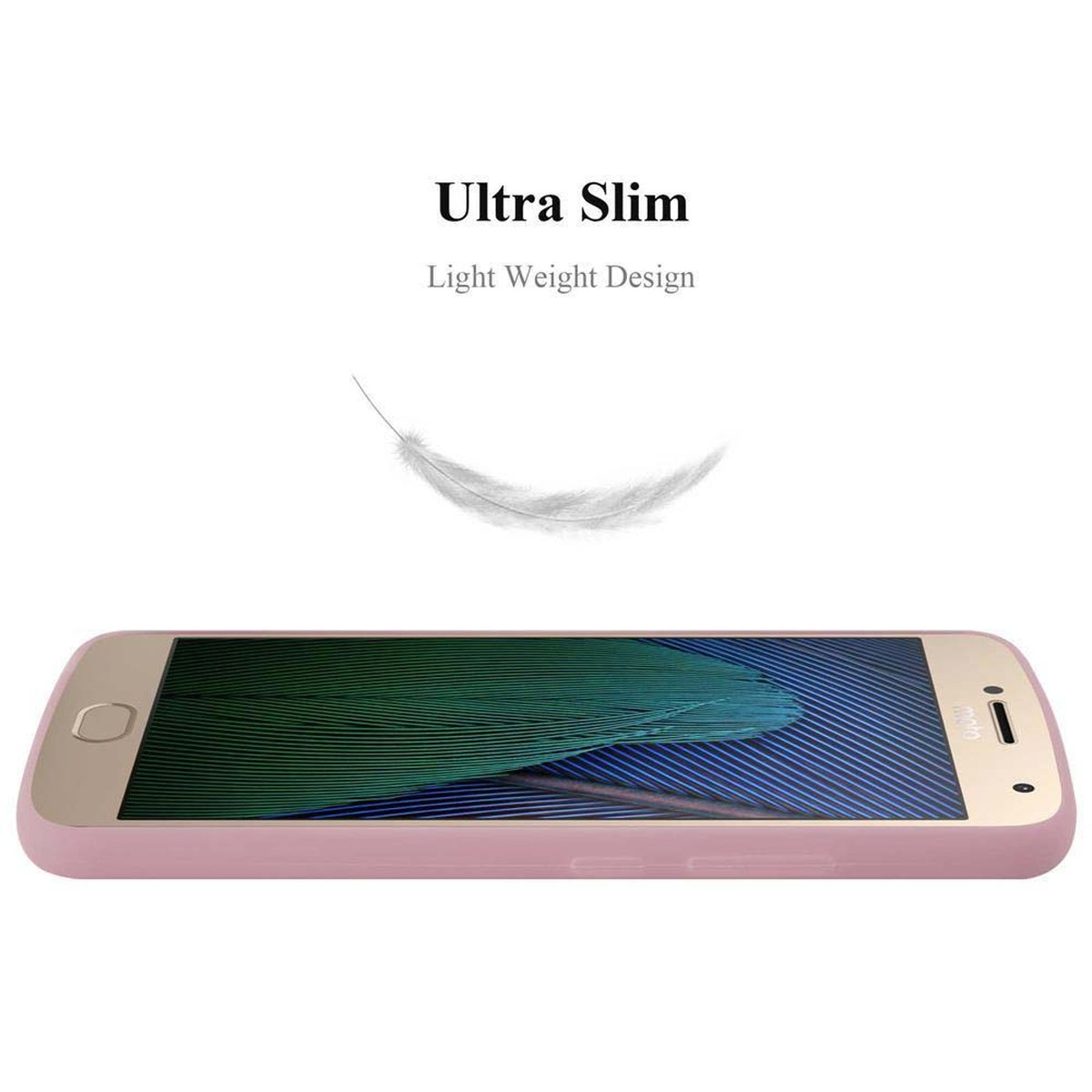 Un telefono rosa con una piuma e le parole Ultra Slim, Light Weight Design.
