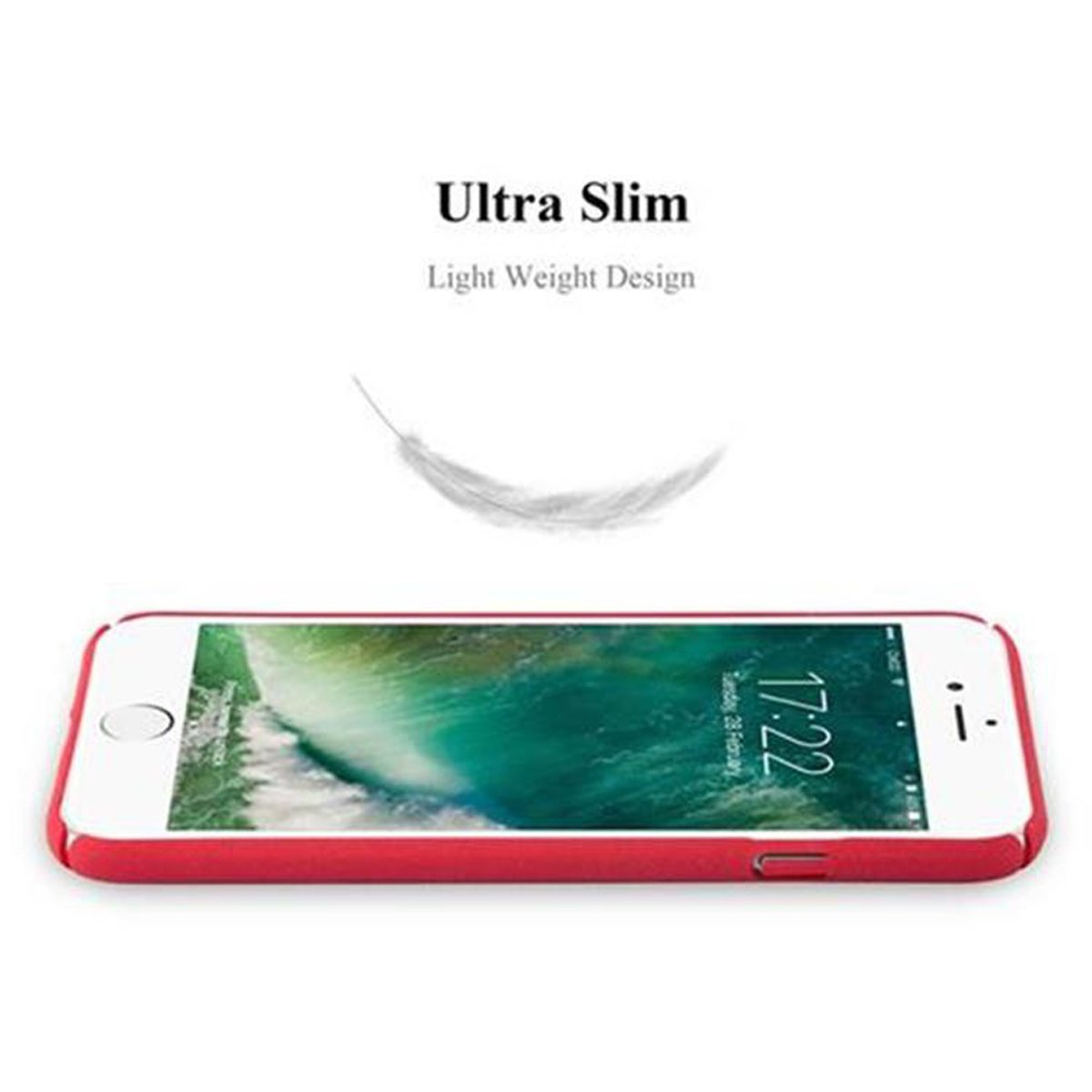 Un telefono con custodia rossa. Il testo dice Ultra Slim e Light Weight Design. Una piuma è sullo sfondo.