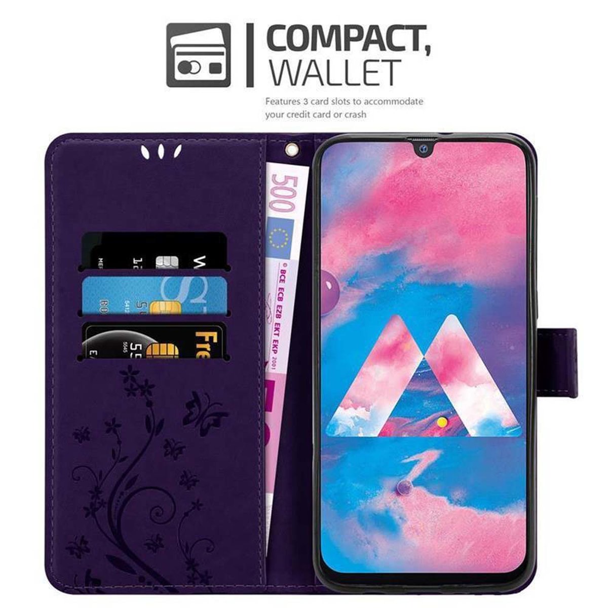 Portafoglio per telefono viola aperto con carte di credito, contanti e un telefono che mostra uno sfondo colorato sullo schermo.