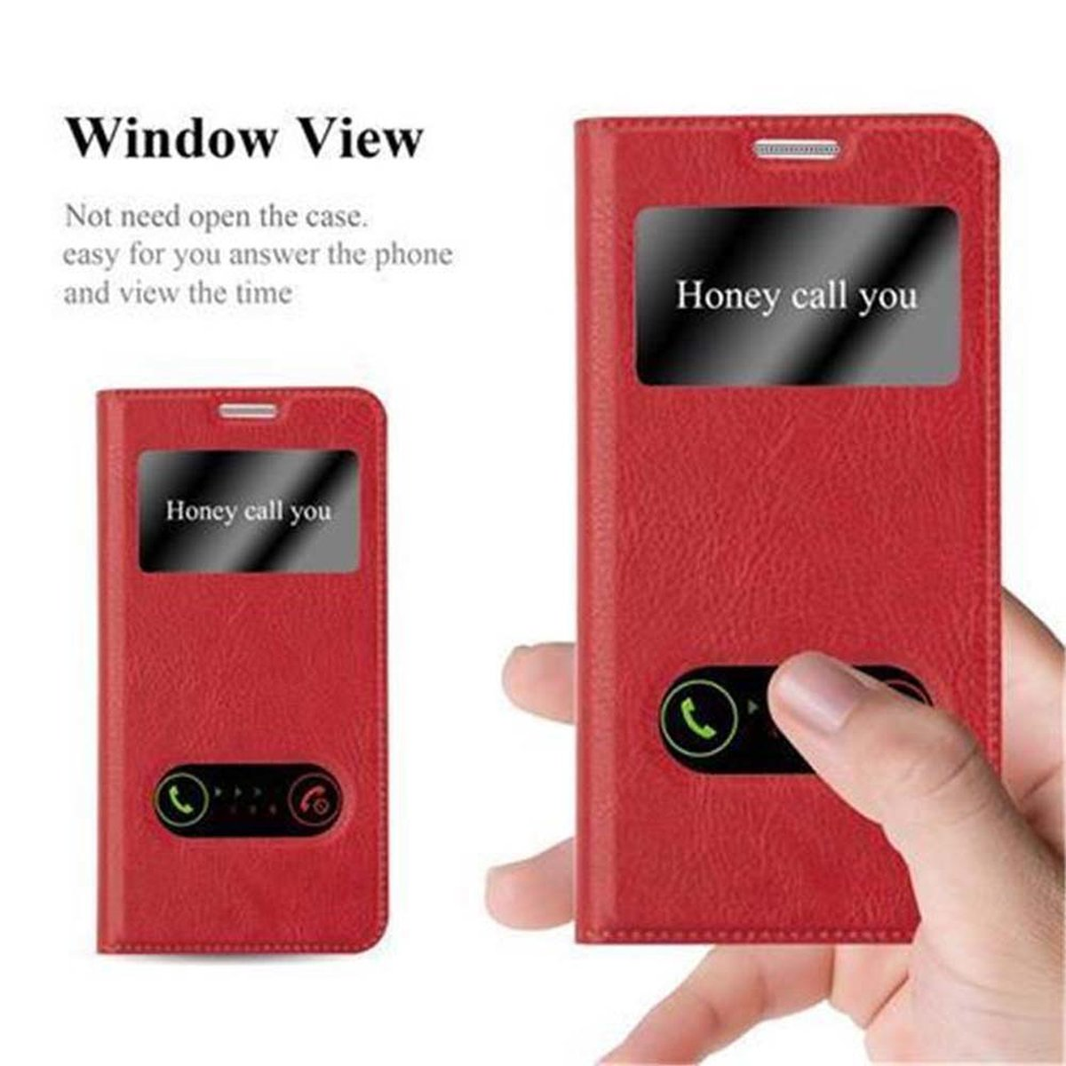 Funda roja con ventana que muestra la pantalla del teléfono, texto 'Honey call you'. Una mano sostiene la funda.