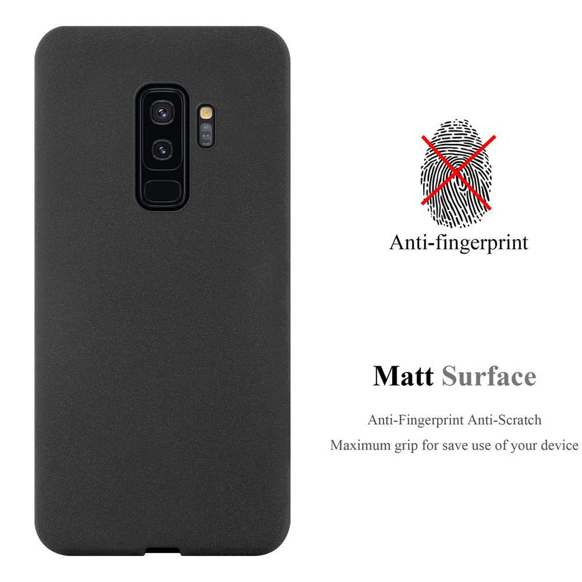 Custodia nera per telefono con testo 'Anti-impronte' e icona impronta digitale barrata. Superficie opaca.