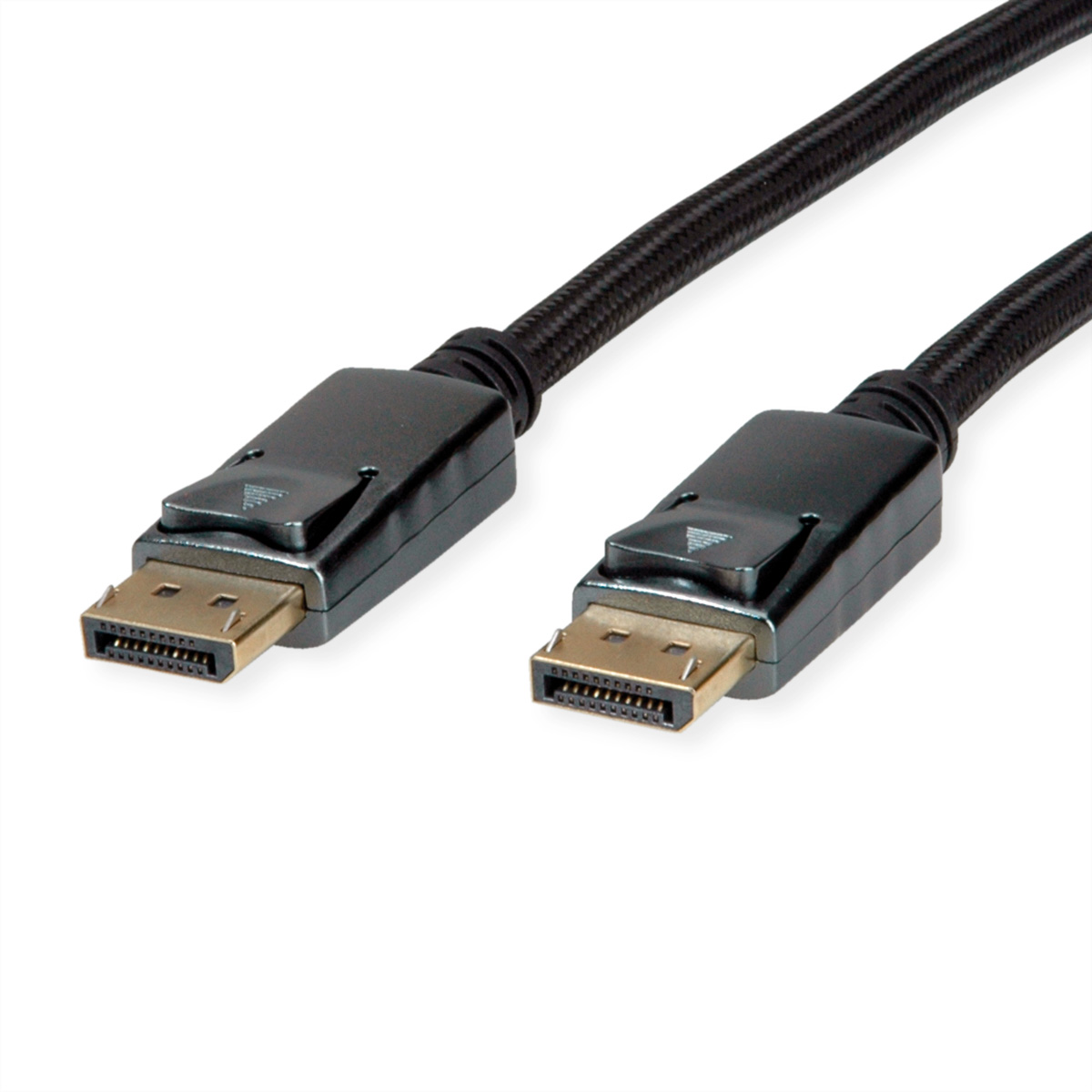 Twee zwarte DisplayPort-kabels, met zwarte connectoren op een wit oppervlak.