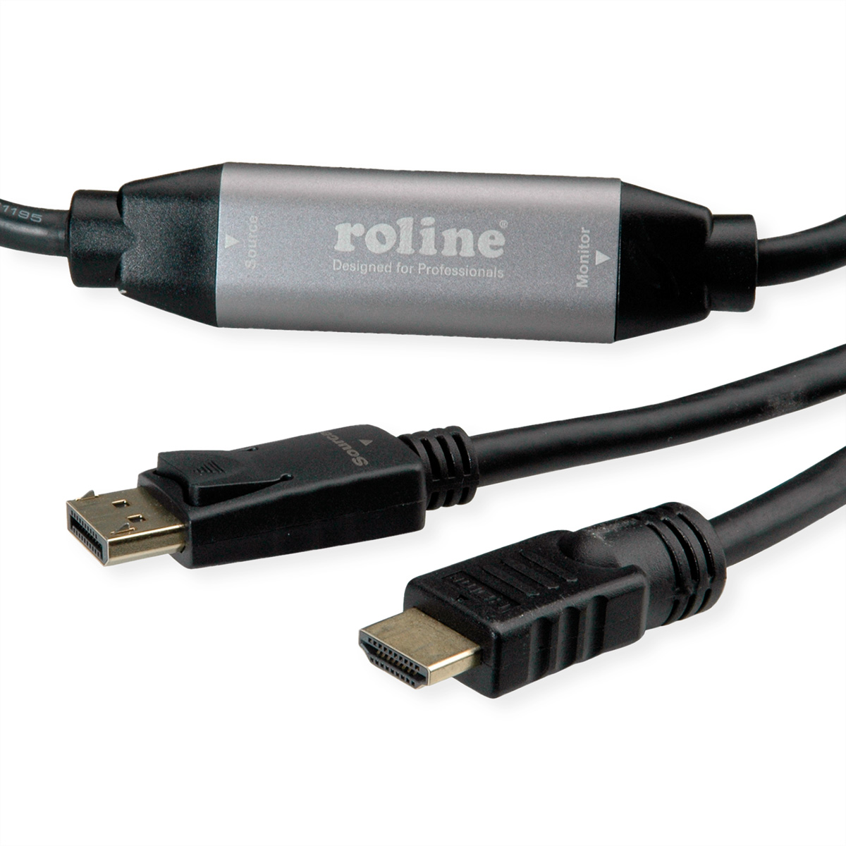Câbles HDMI et DisplayPort avec un adaptateur argenté 'roline'.