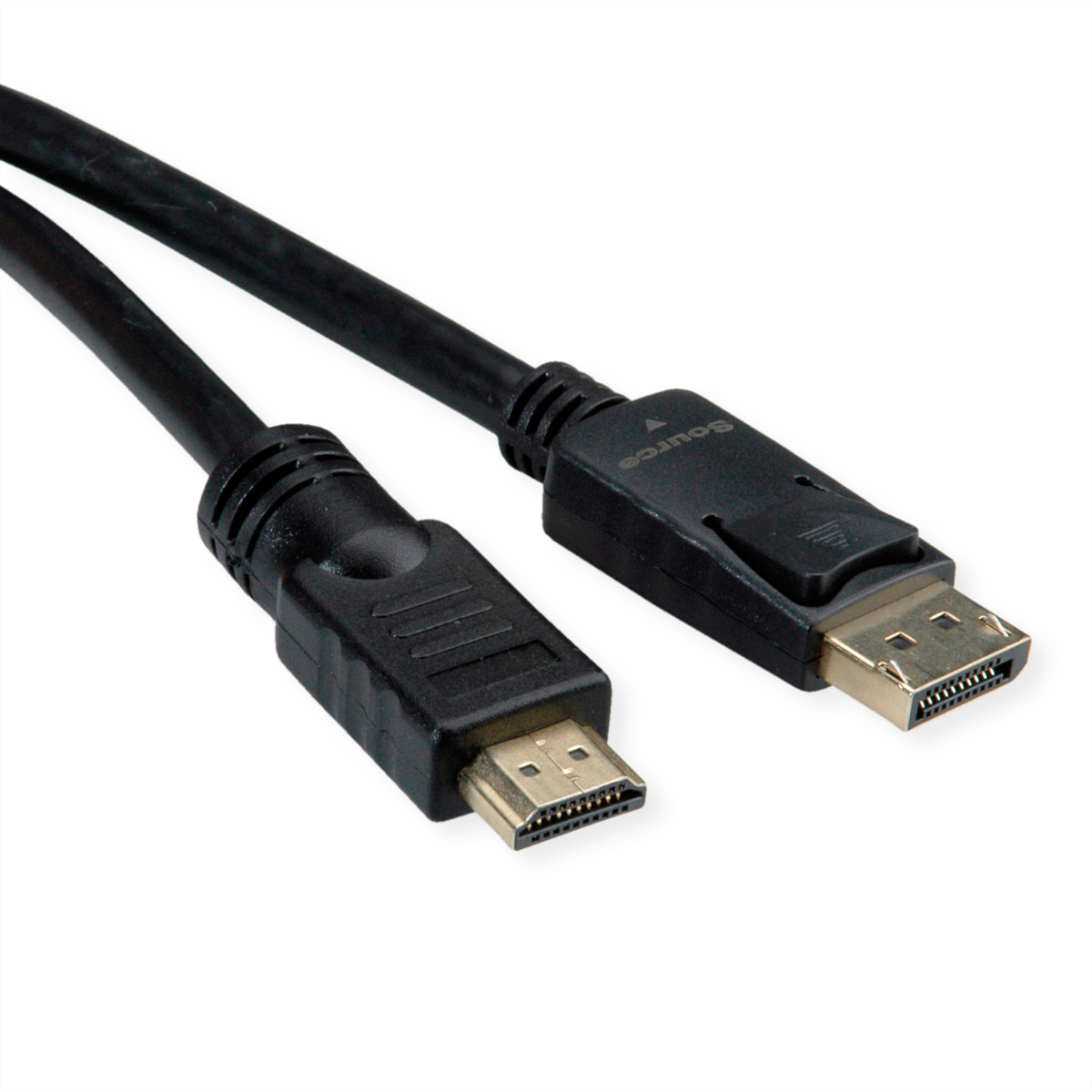 Câble noir DisplayPort vers HDMI. Une extrémité est HDMI, l'autre DisplayPort, les deux avec des connecteurs.