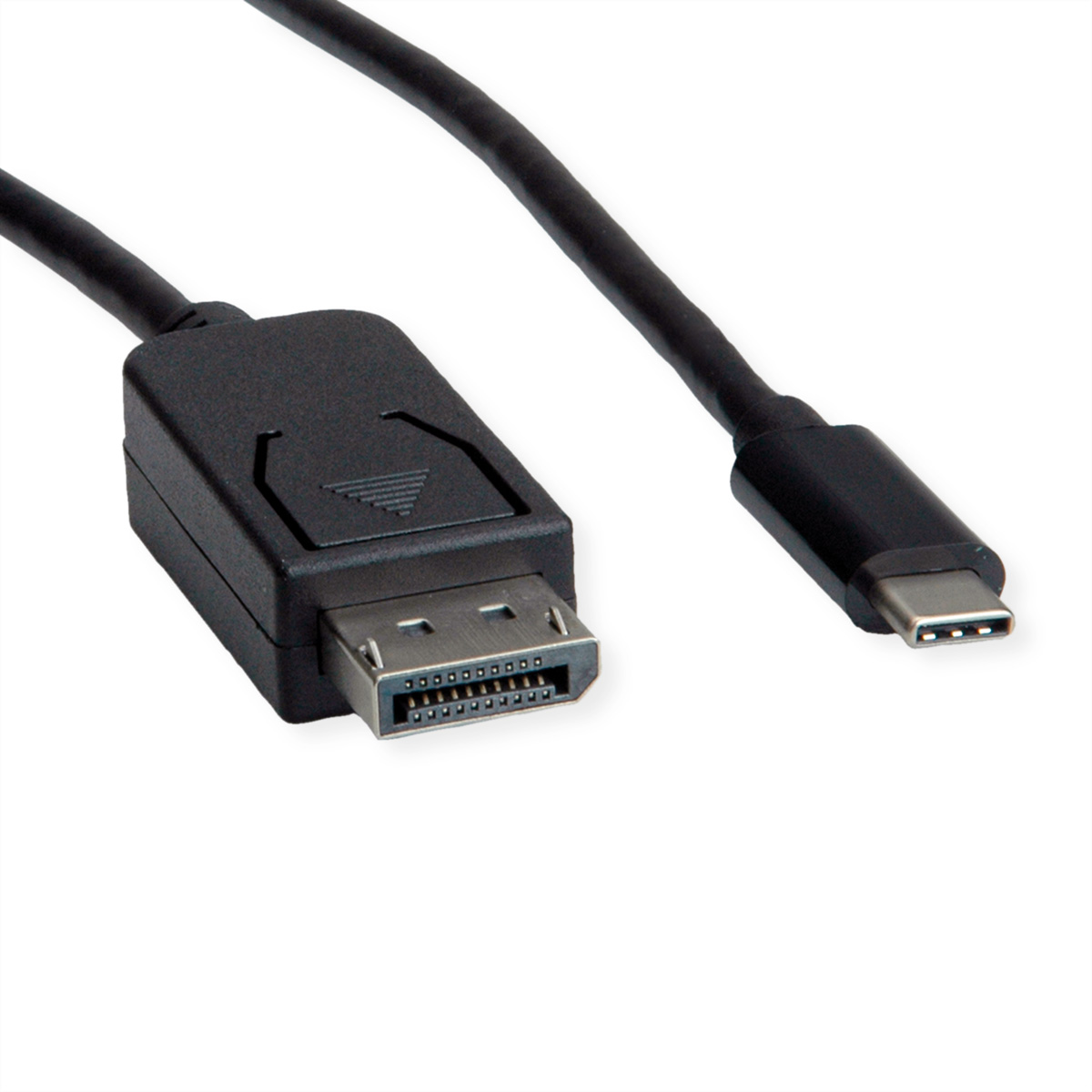 Zwarte DisplayPort naar USB-C kabel op witte achtergrond. Eén uiteinde heeft een DisplayPort-connector, de andere USB-C.