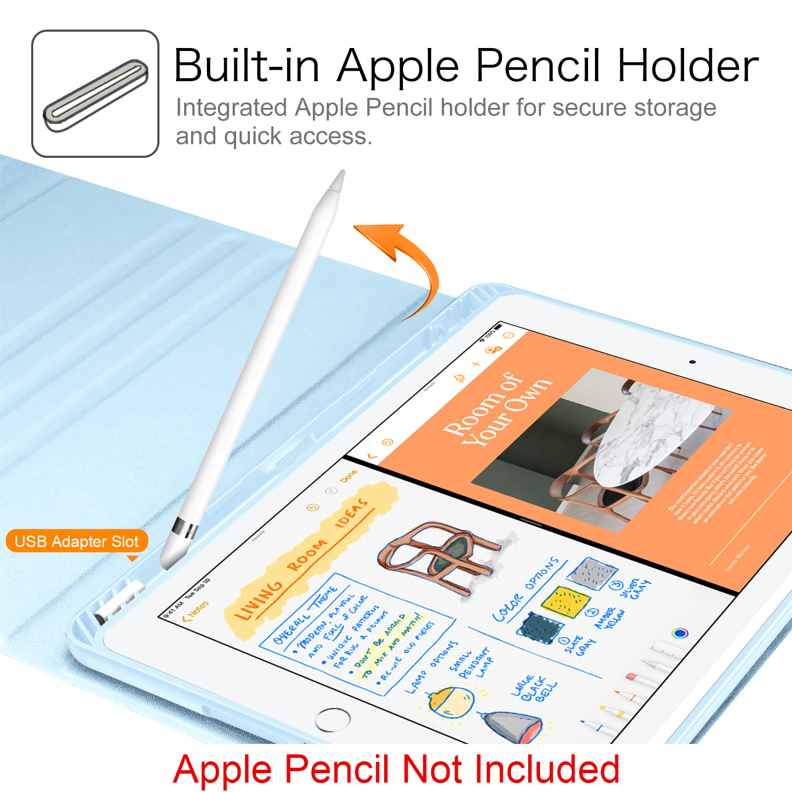 Ein iPad mit integriertem Stifthalter, mit einem Apple Pencil und einem Bildschirm, der Raumideen anzeigt.