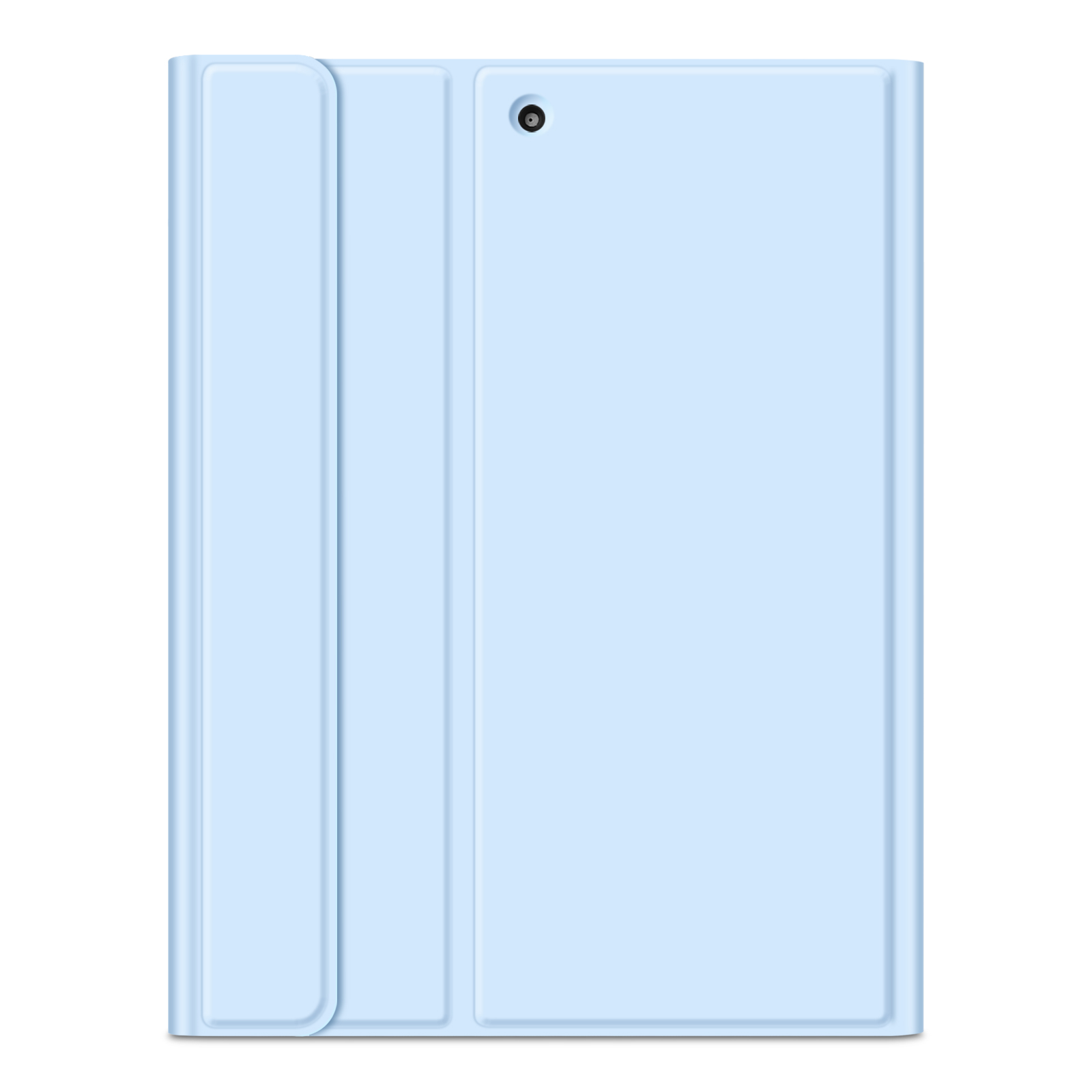 Ein hellblaues Tablet-Gehäuse. Das Gehäuse ist geschlossen. Das Gehäuse ist schlicht und hat einen Kameraausschnitt.