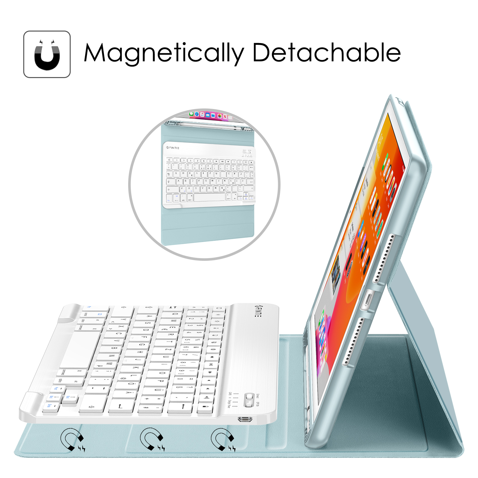 FINTIE Hülle + Tastatur Kunstleder, für Eisblau Bookcover Apple Tablethülle