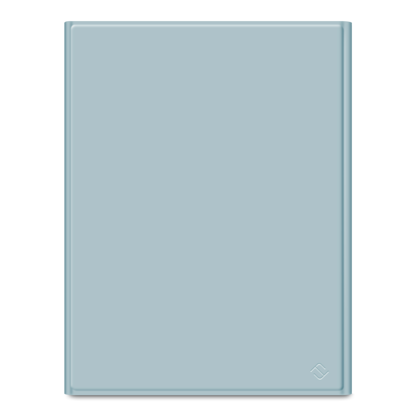 Ein rechteckiges, hellblau-grünes Objekt mit abgerundeten Kanten, möglicherweise ein Notizbuch oder Tablet, auf weißem Hintergrund.