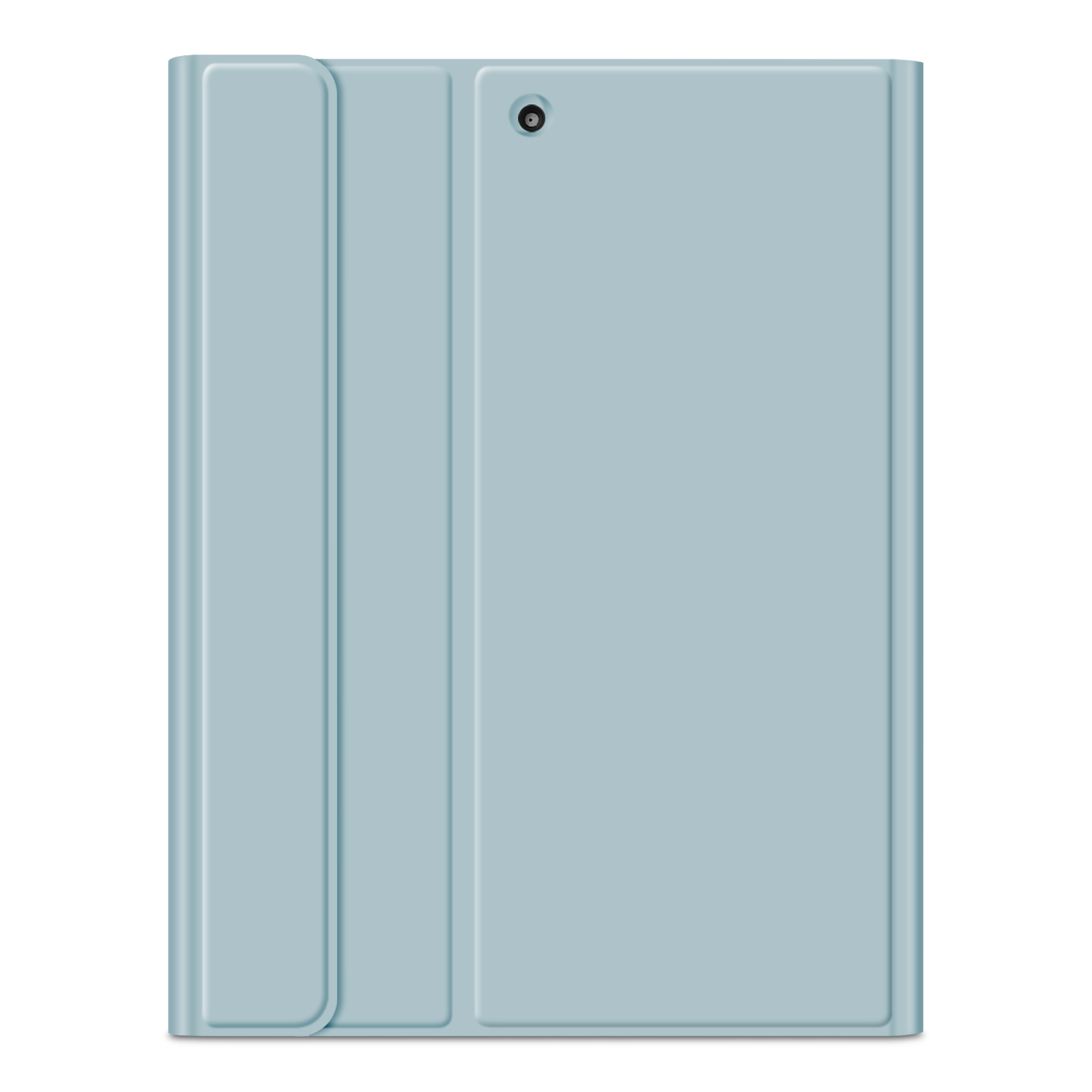 Hellblaue Tablethülle mit Kameraöffnung. Die Hülle ist geschlossen und zeigt die Vorderseite. Weißer Hintergrund.