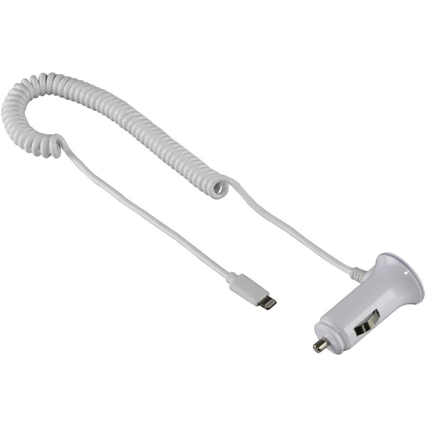 Weißes Autoladekabel mit Lightning- und USB-C-Anschluss.