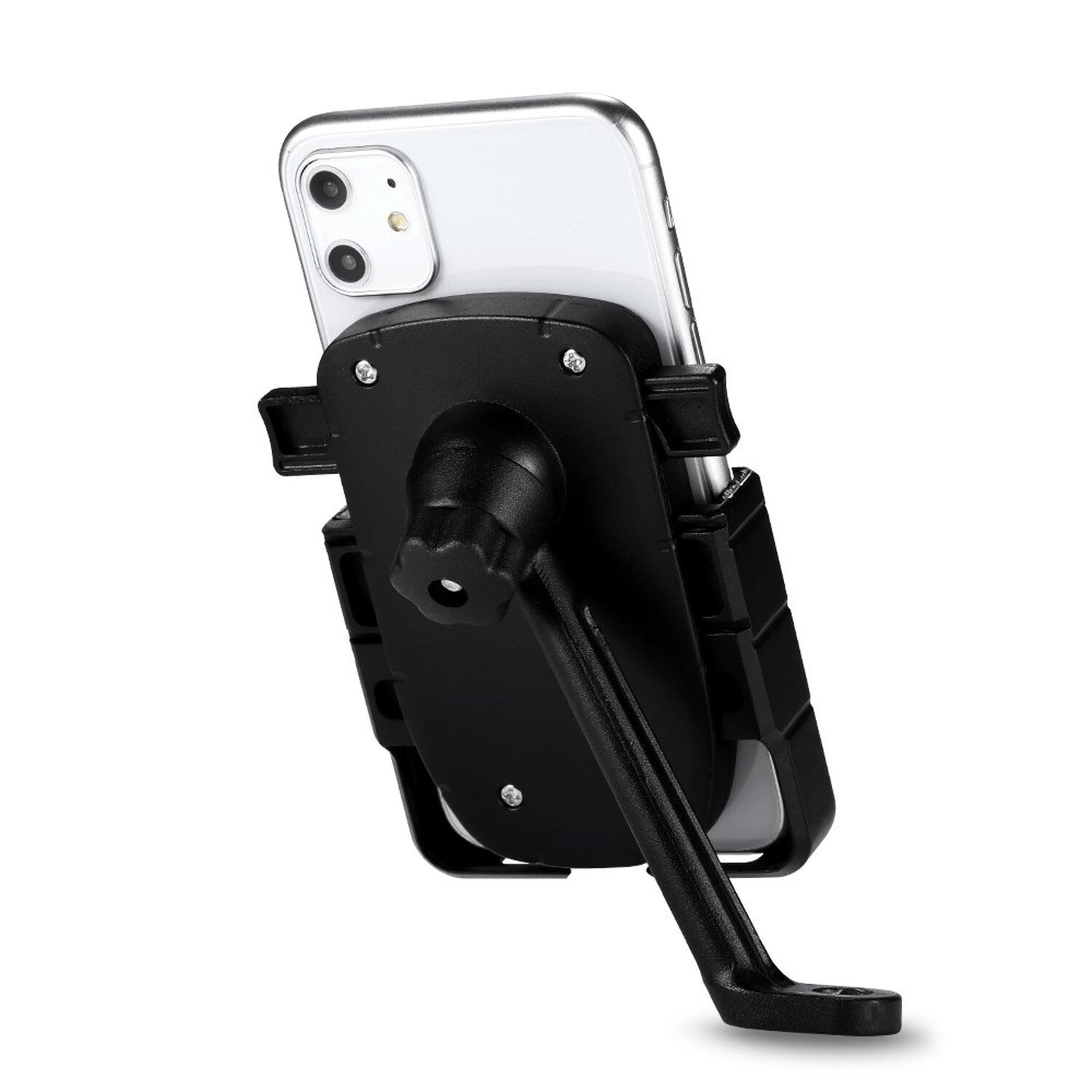 Ein schwarzes Telefon ist an einer schwarzen Halterung befestigt, die an einem schwarzen Arm befestigt ist, nach oben abgewinkelt.