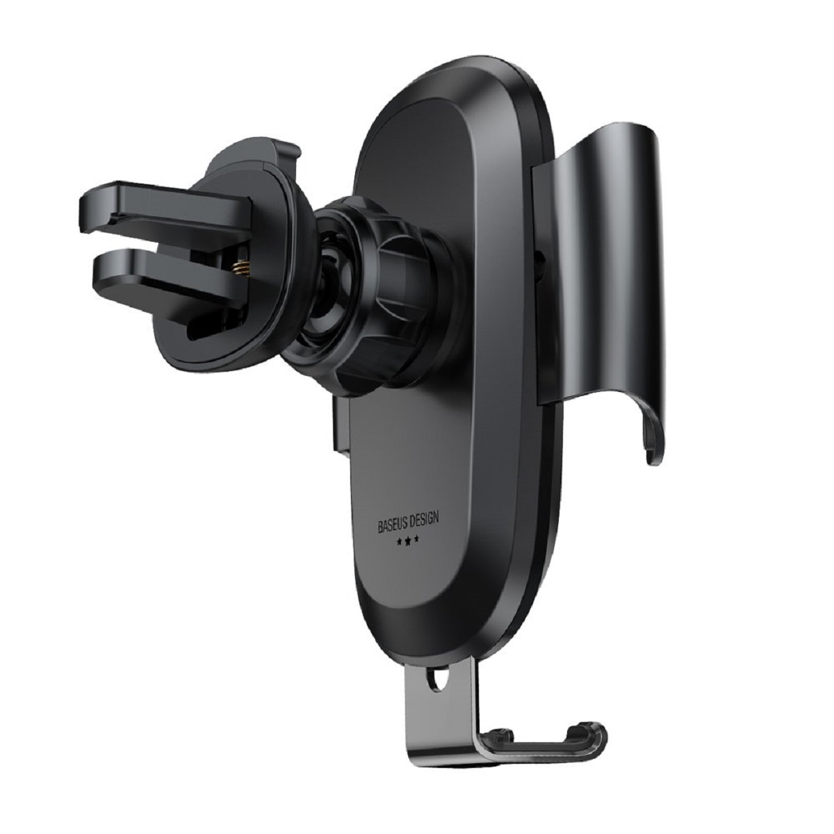 Ein schwarzer Telefonhalter fürs Auto. Er hat einen verstellbaren Arm und eine Halterung für das Telefon.