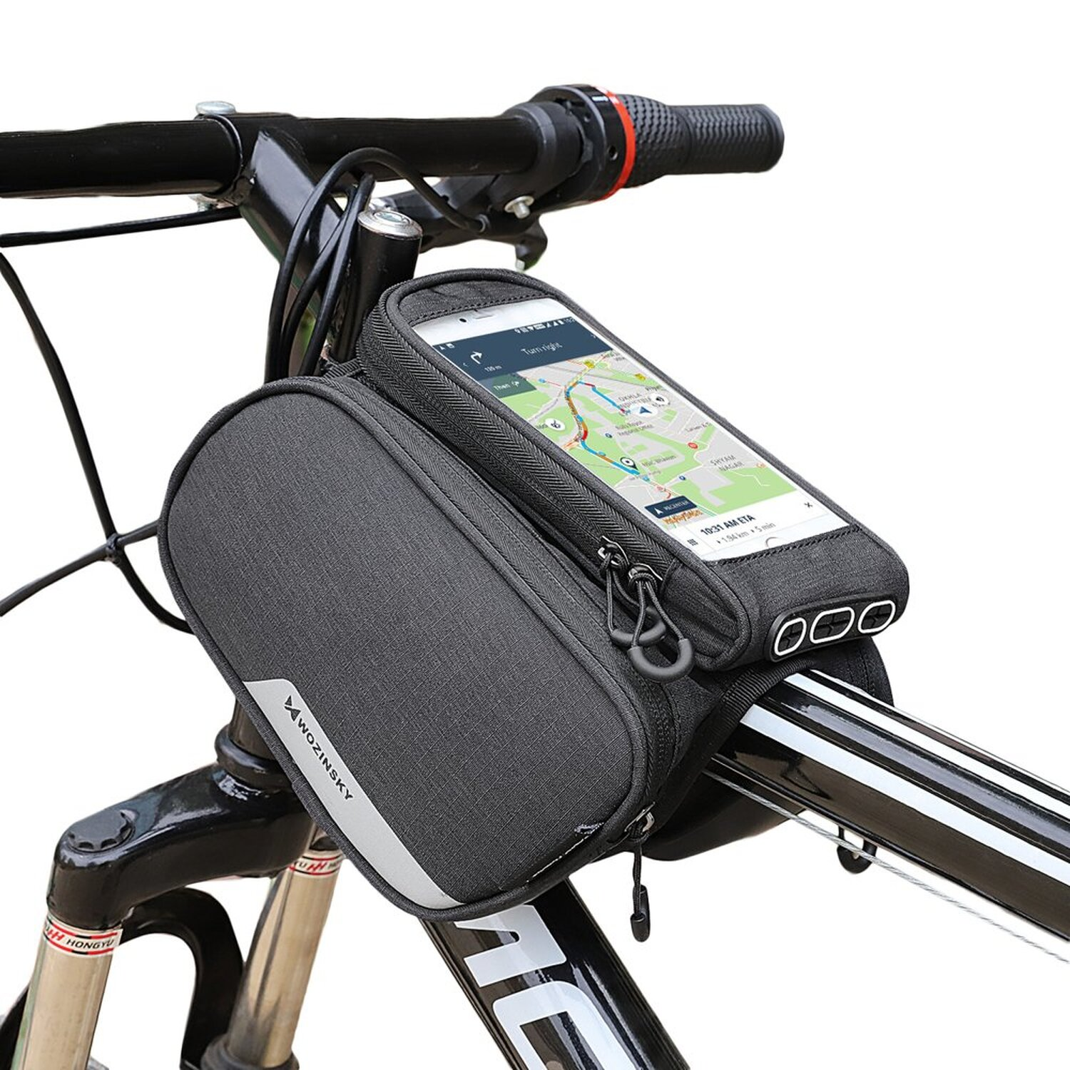 Ein Fahrrad mit Telefonhalterung. Das Telefon zeigt eine Karte mit Navigation auf dem Bildschirm an.
