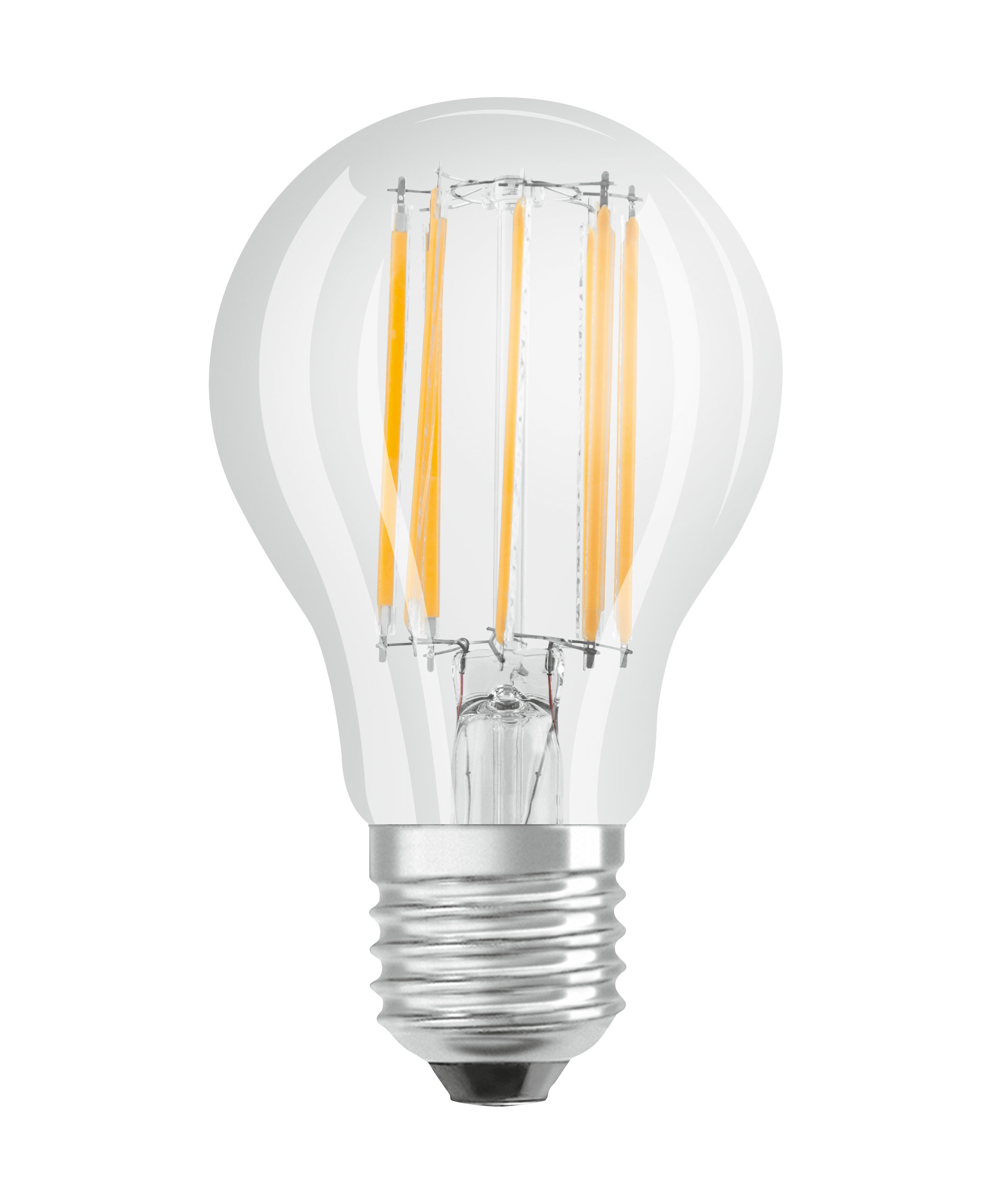 Lampadina trasparente con filamenti gialli. Sfondo bianco. Design moderno.