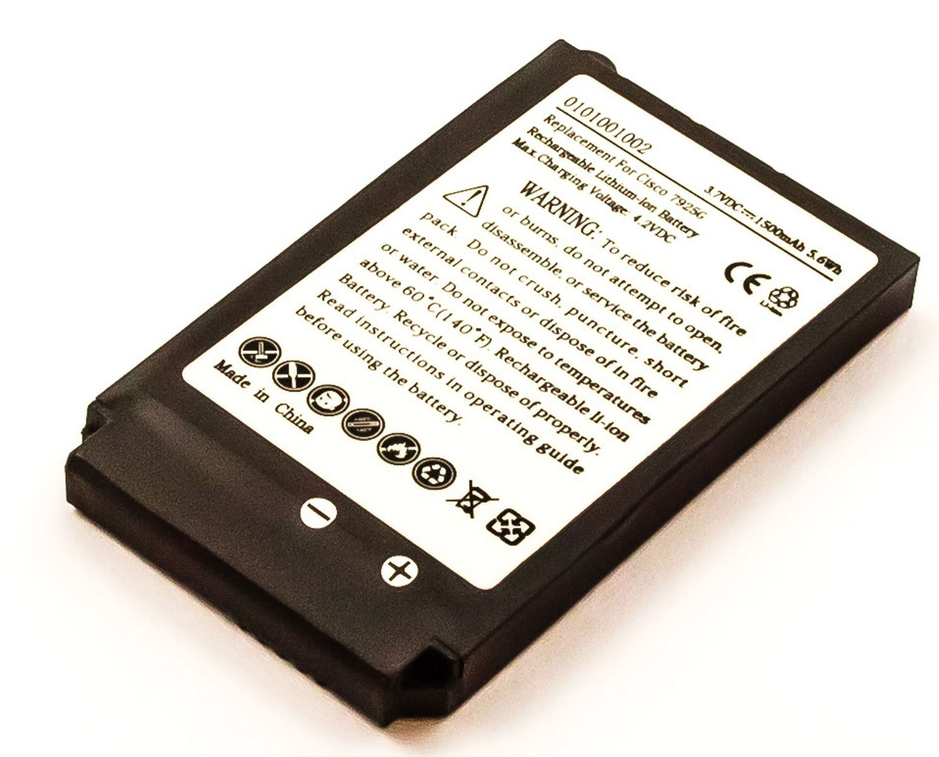 Schwarze rechteckige Batterie mit Warnhinweisen, mit weißem Text. Hergestellt in China.