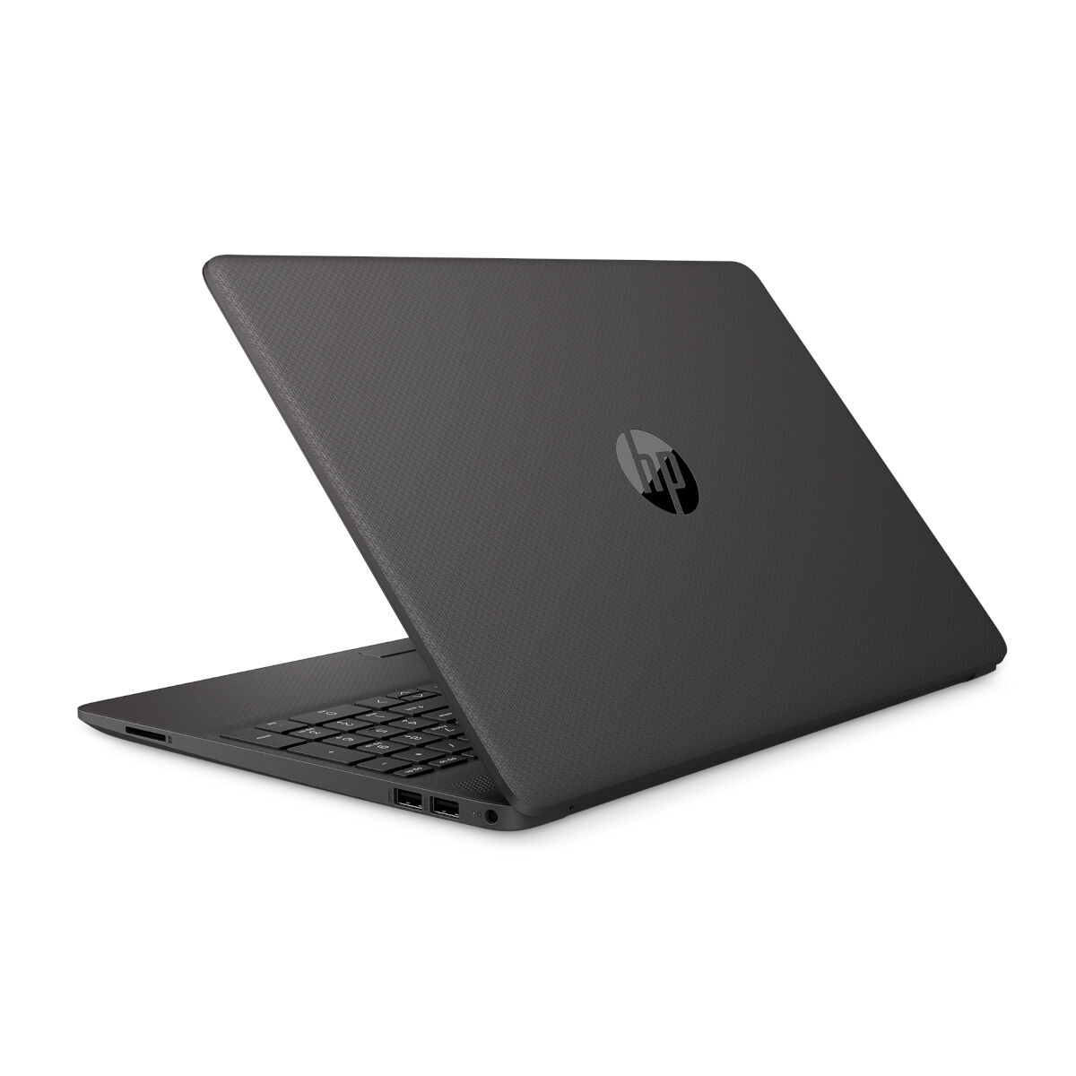 Schwarzer HP Laptop, Rückansicht, geöffnet. Zeigt Tastatur, Logo und Anschlüsse.