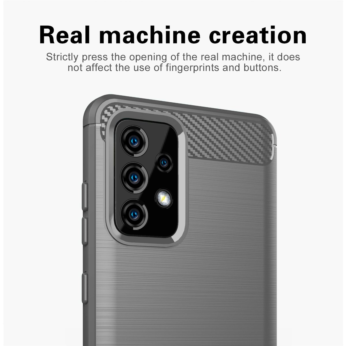 Custodia grigia per telefono con retro strutturato e triplo obiettivo della fotocamera. La parte superiore è in stile fibra di carbonio.