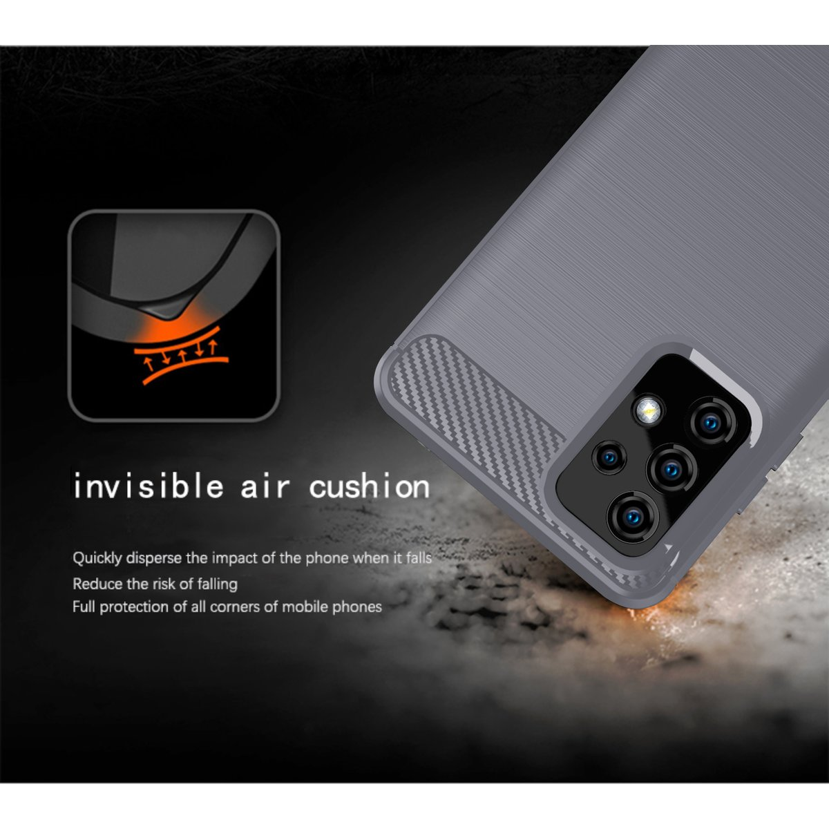 Custodia grigia per telefono con motivo strutturato, mostra un diagramma della tecnologia air cushion.