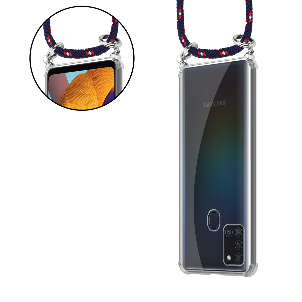 Custodia trasparente con telefono nero e cordino. Il telefono è visibile con il logo Samsung.