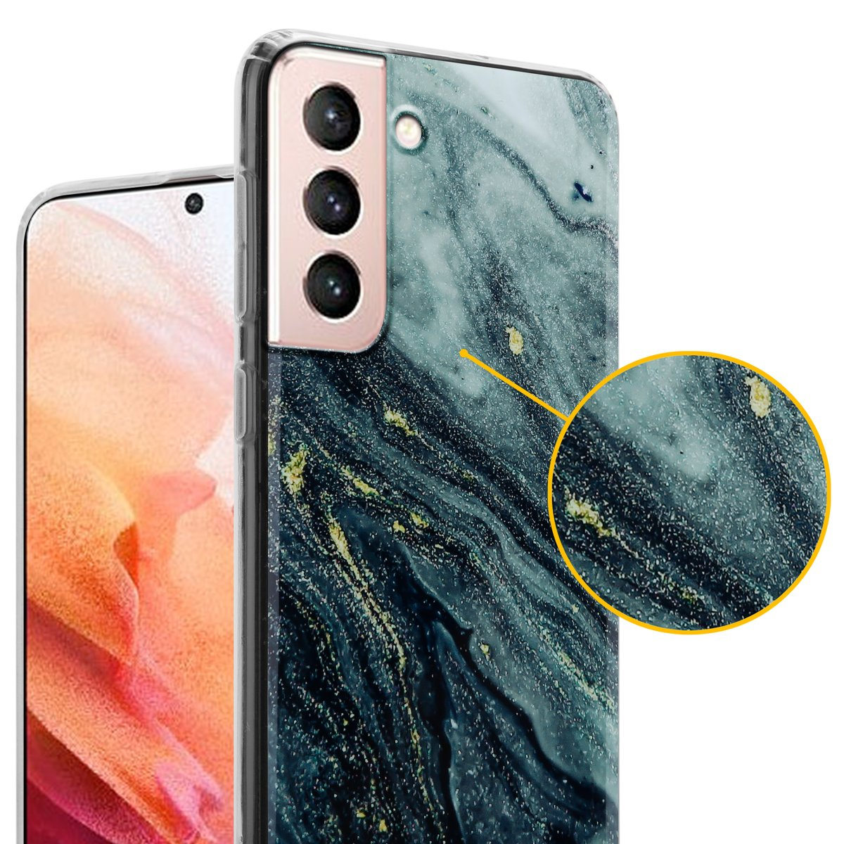 Primo piano di una custodia per telefono con un design marmorizzato. La custodia ha un ritaglio per la fotocamera. Un telefono a sinistra.