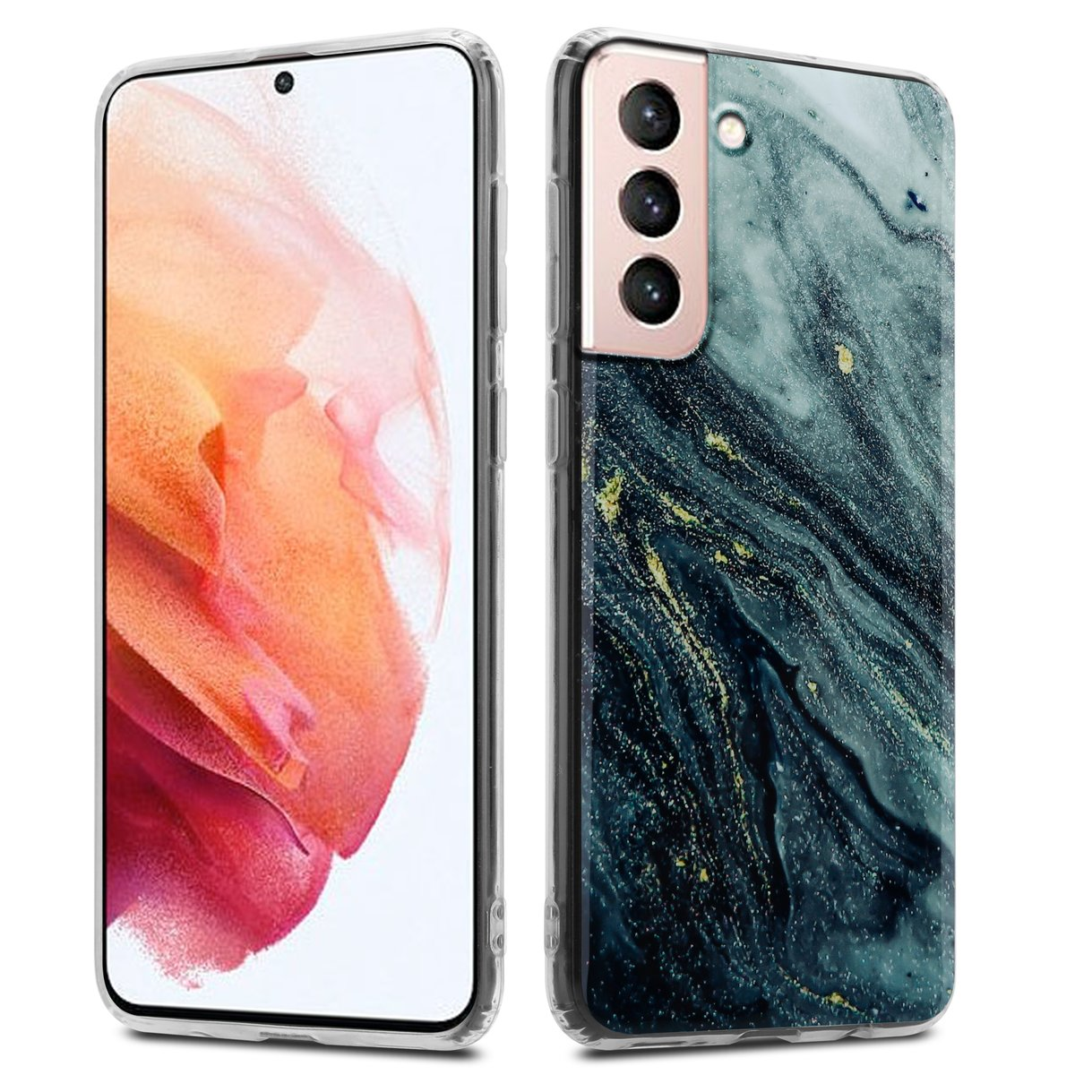 Una custodia per telefono nera con schermo e fotocamera rialzati. Lo schermo del telefono è blu.