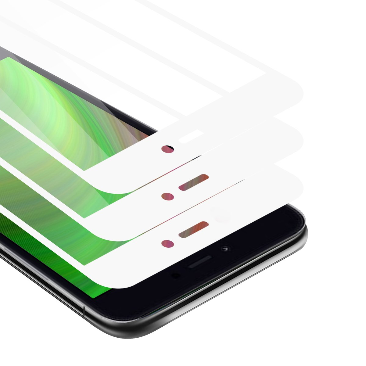 Uno smartphone viene mostrato con tre protezioni per lo schermo applicate. Lo schermo ha una grafica verde.