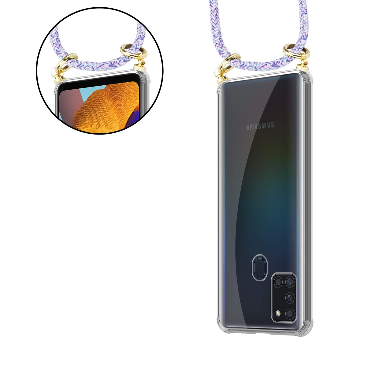 Custodia per telefono con cordino. Telefono in una custodia trasparente. Anelli dorati collegano il cordino.