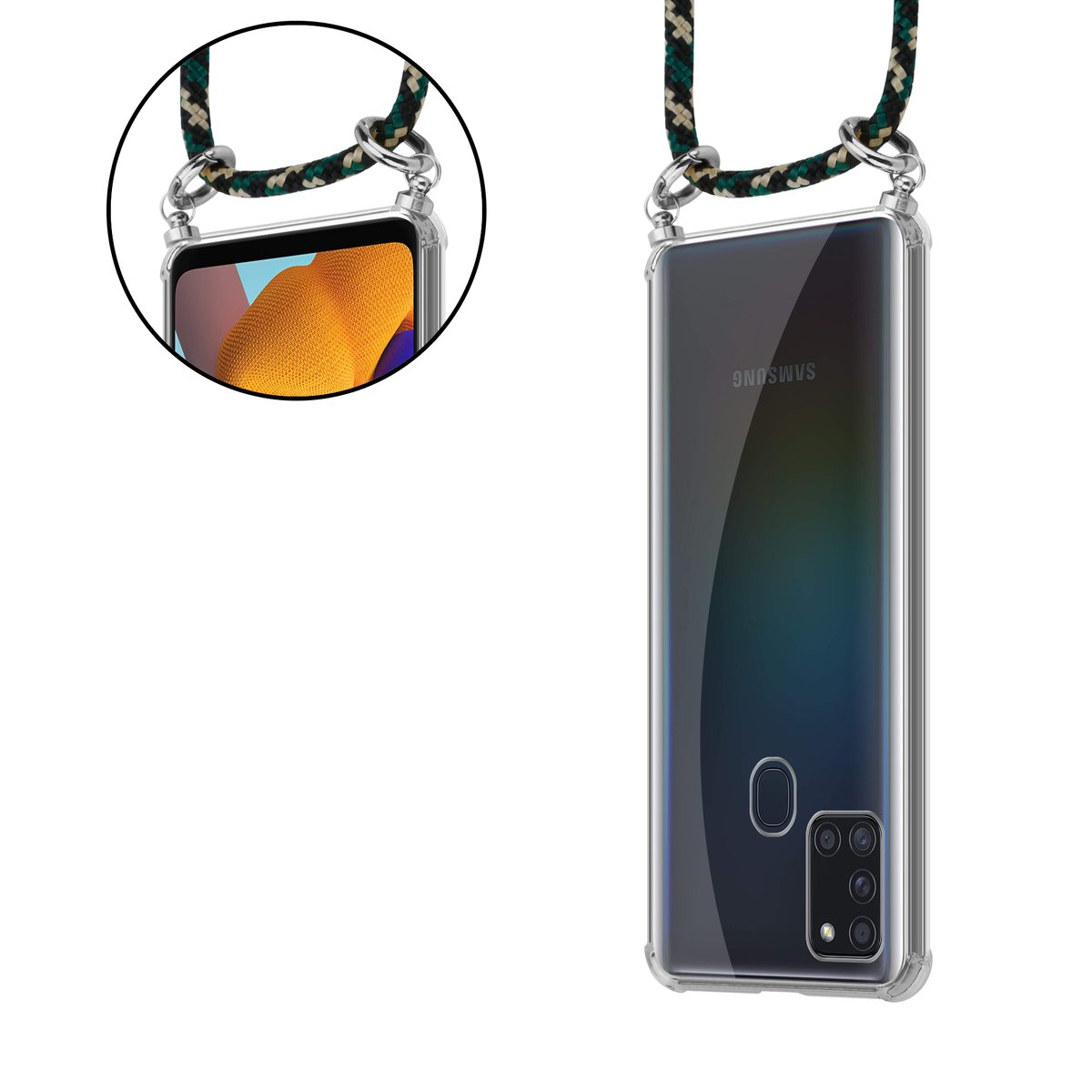 Telefono con cordino mimetico, in custodia. Un inserto rotondo mostra la parte superiore del telefono con lo stesso cordino.