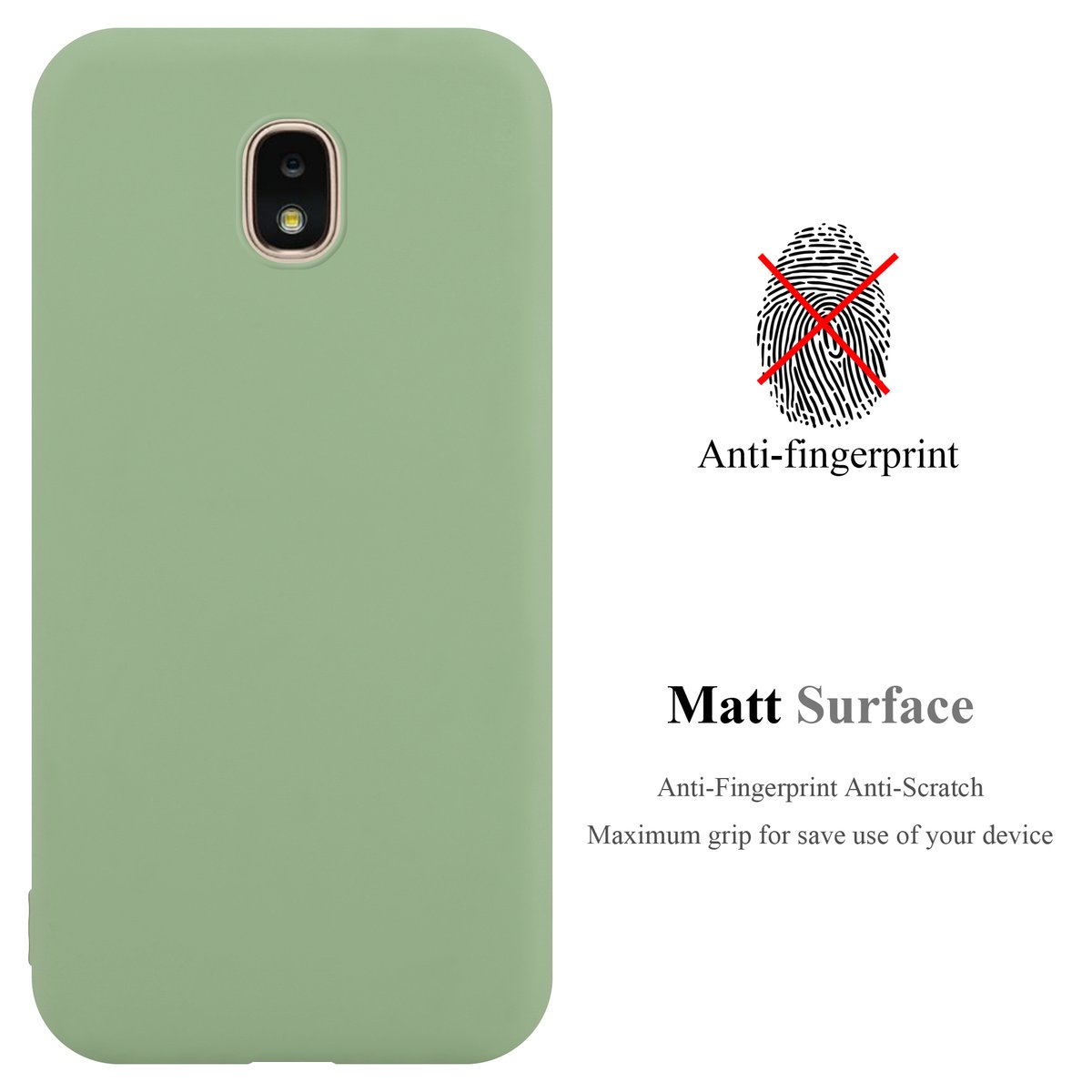 Custodia per telefono verde, superficie opaca, con icona anti-impronta. Testo: 'Matt Surface'.
