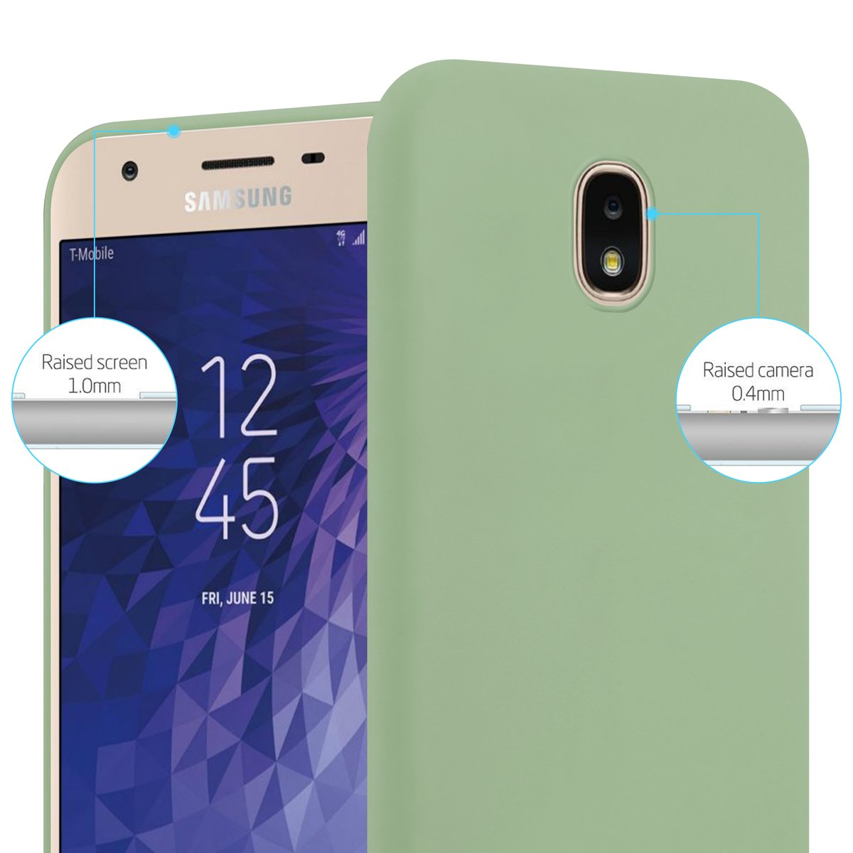 Un telefono con custodia verde, mostra i dettagli di protezione dello schermo e della fotocamera. L'ora è 12:45.