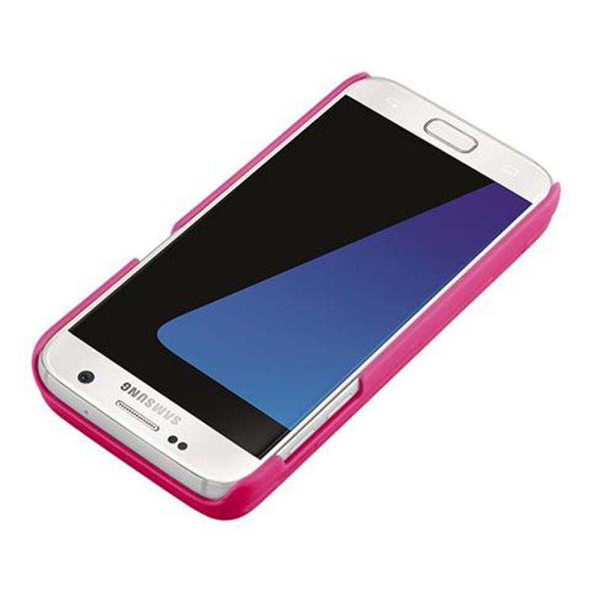 Un teléfono en una funda rosa.