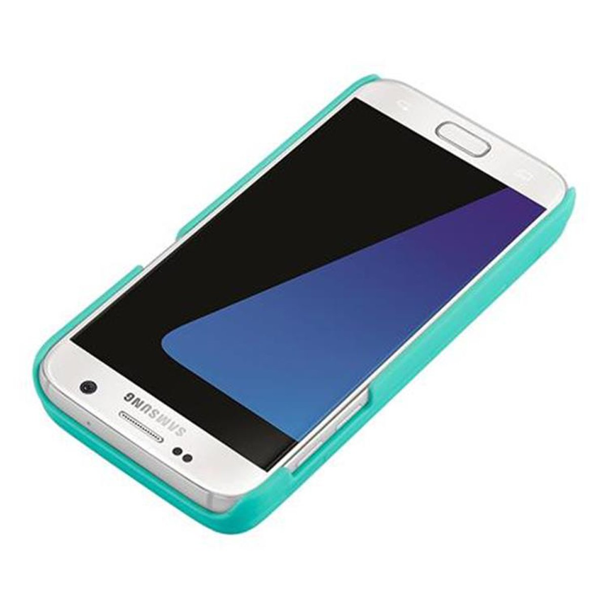 Ein weißes und silbernes Telefon mit blauem Bildschirm in einem türkisfarbenen Gehäuse. Das Telefon liegt auf Weiß.