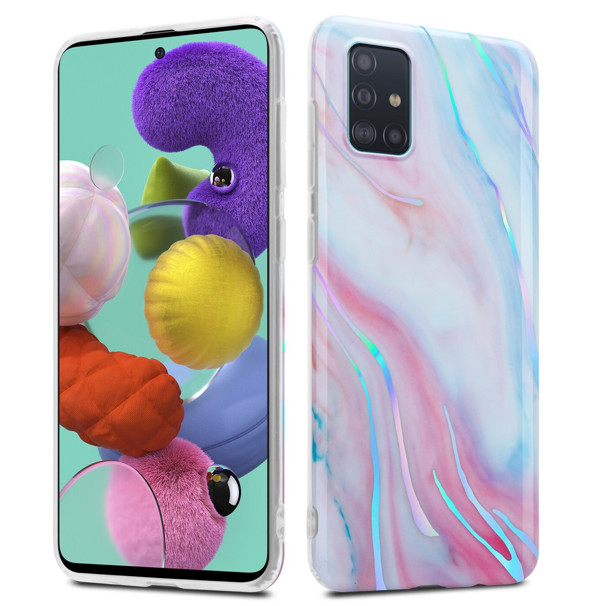 Telefono in una custodia colorata con design a marmo blu, rosa e bianco. Vista anteriore e posteriore.