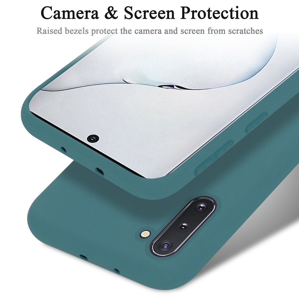 Custodia per telefono verde acqua con un telefono all'interno. La custodia protegge lo schermo e la fotocamera. Lo sfondo è bianco.