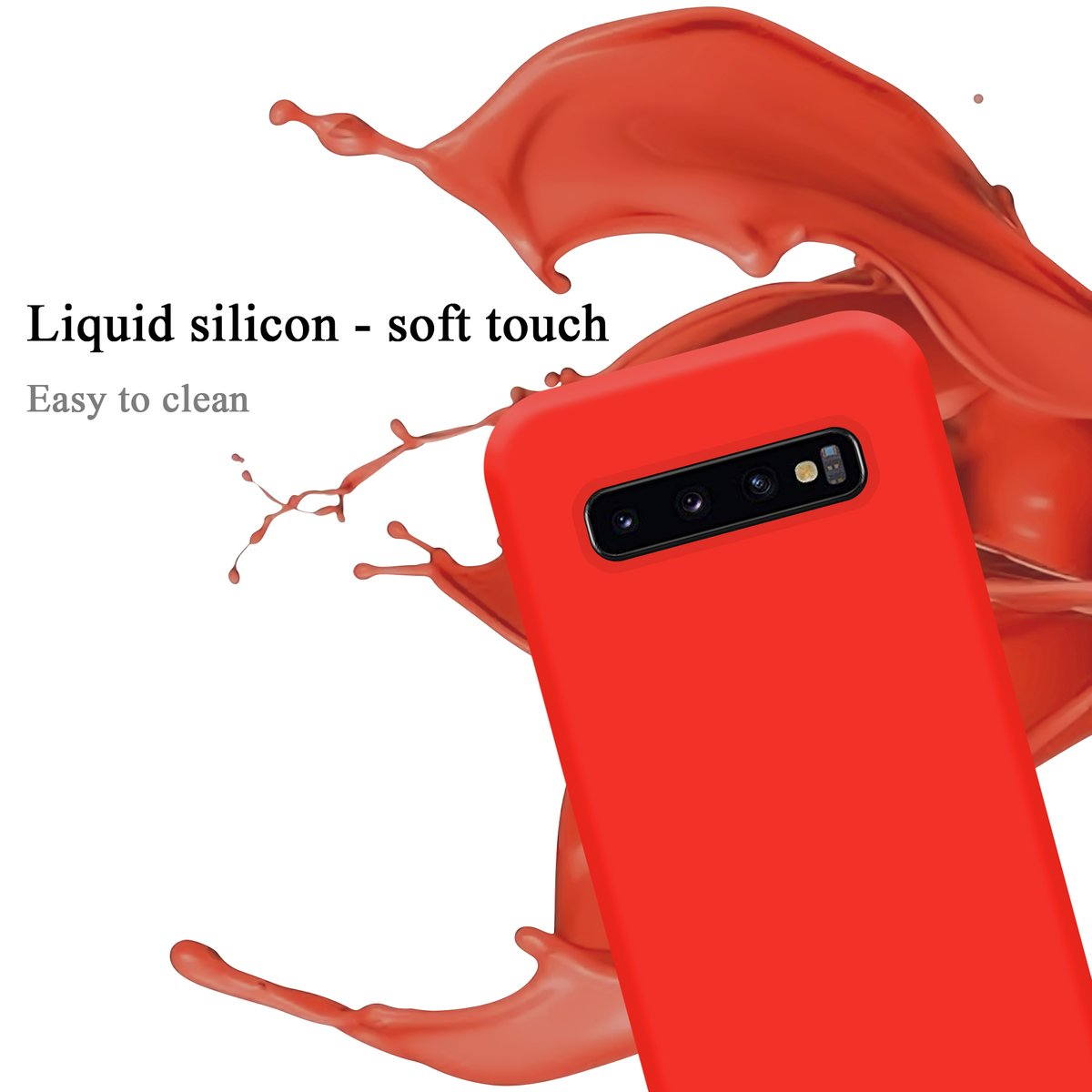 Custodia rossa per telefono, vista posteriore, con fotocamera. Silicone liquido, soft touch, facile da pulire.