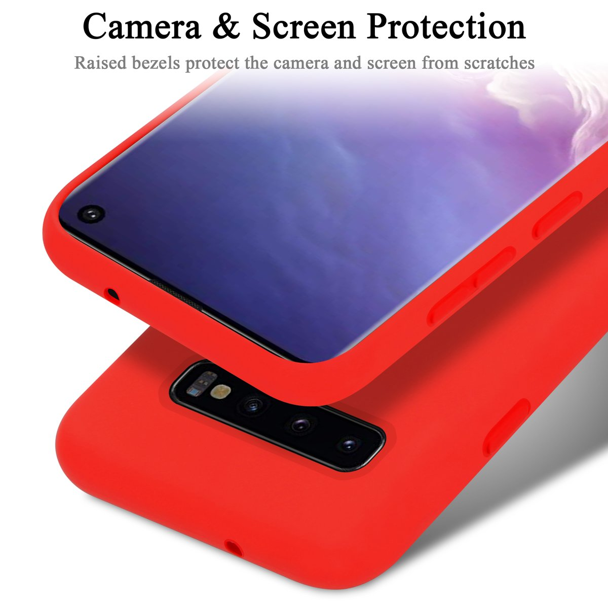 Custodia rossa con telefono, testo Protezione fotocamera e schermo.