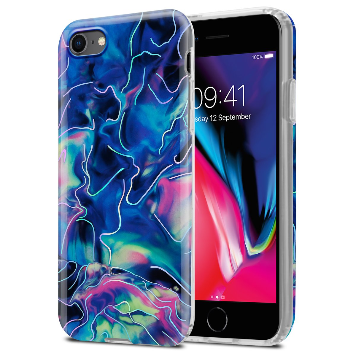 Custodia per iPhone con un vortice di colori blu, verde e rosa con linee bianche.