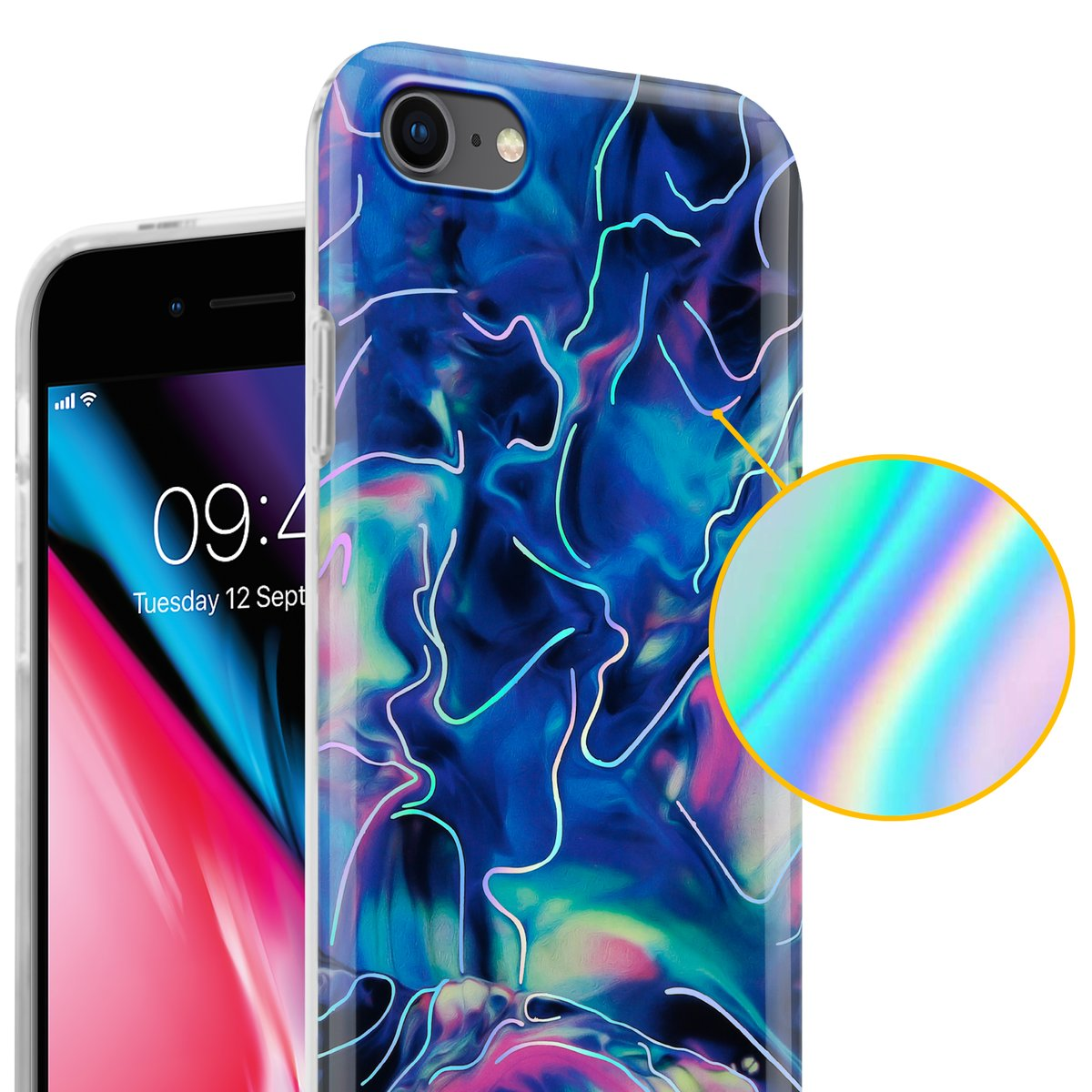 Custodia per telefono con un design astratto colorato, un telefono è all'interno.