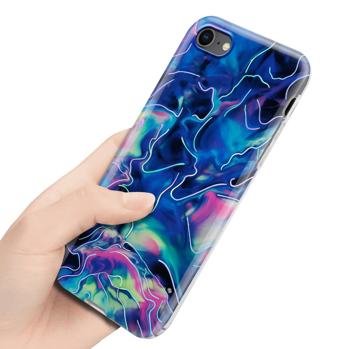 Mano che tiene un telefono con una custodia dal design blu, rosa e bianco.