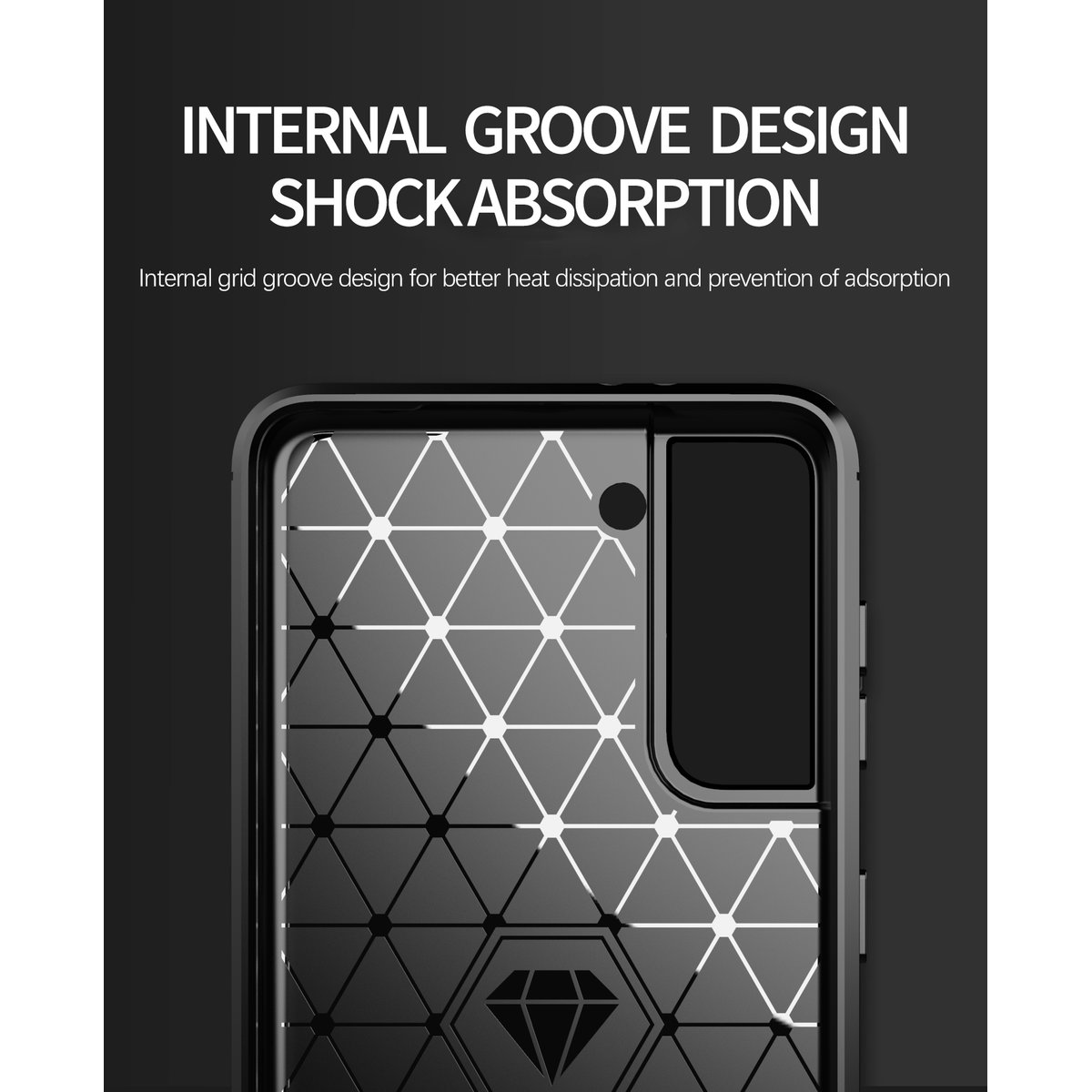 Primo piano di custodia per telefono con motivo geometrico, bianco e nero, testo: assorbimento degli urti.