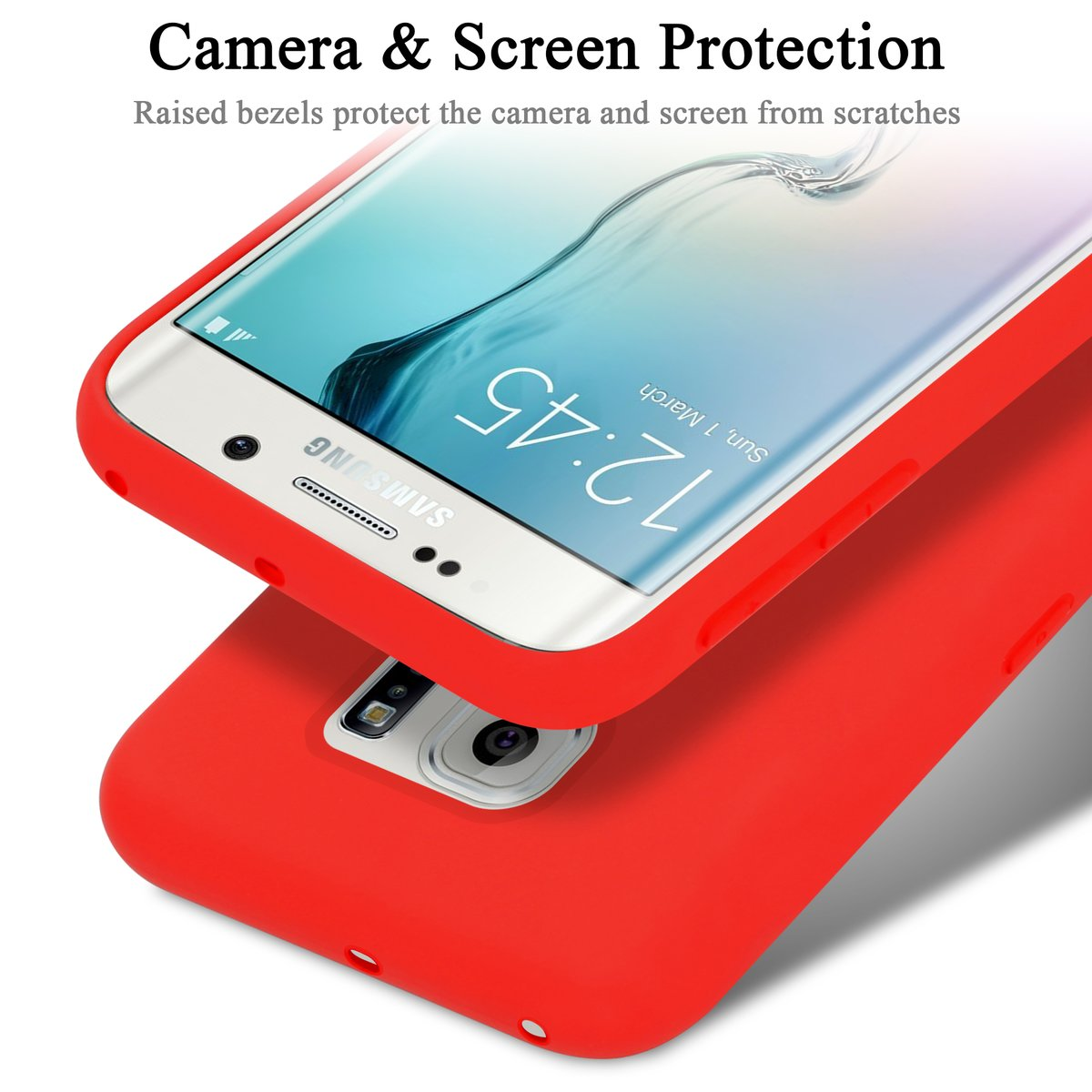 Custodia rossa con telefono. Protegge lo schermo e la fotocamera.
