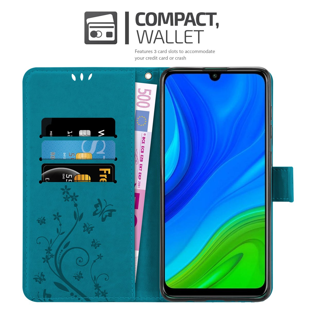 Custodia a portafoglio per telefono verde acqua aperta, che rivela carte, una banconota e un telefono. Design floreale all'interno.