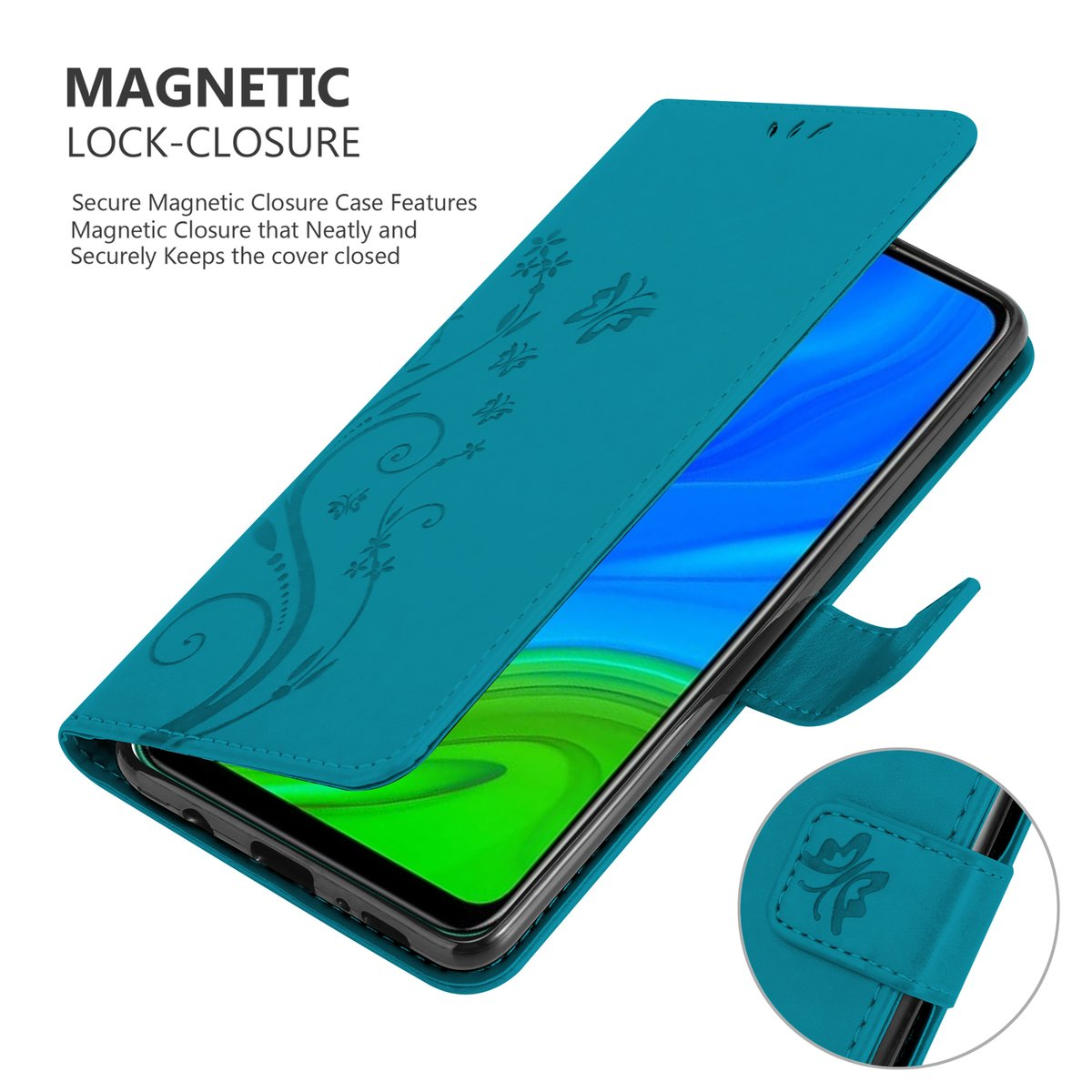 Custodia per telefono verde acqua con design floreale, aperta. Primo piano della chiusura. Sfondo bianco.