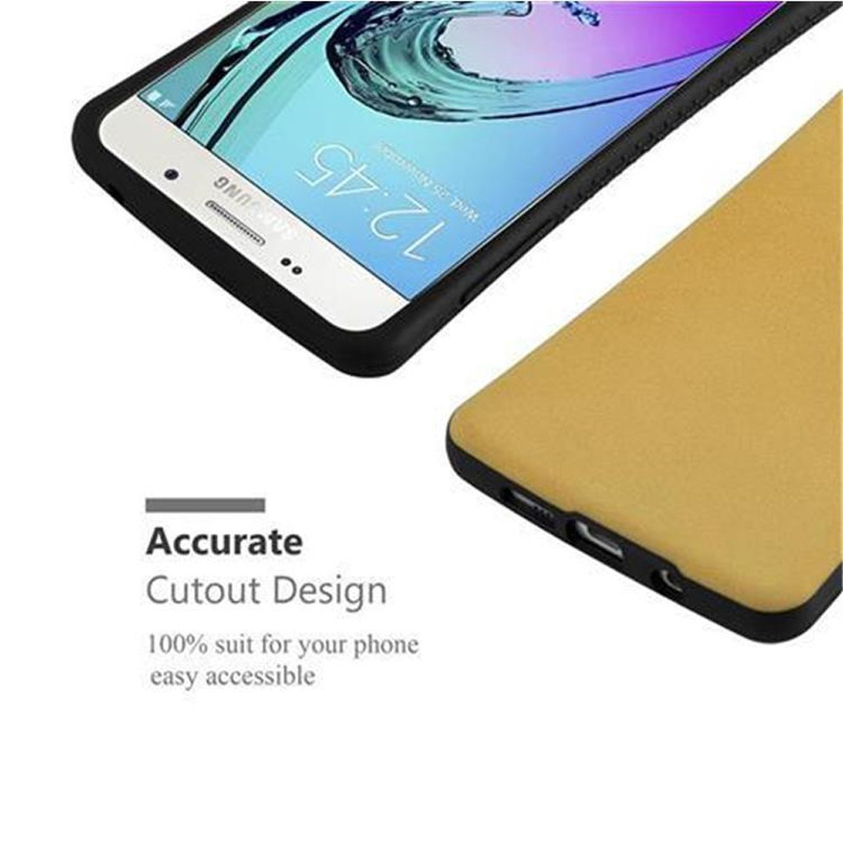 Teléfono sobre una funda amarilla, pantalla mostrando la hora. Diseño de corte preciso, de fácil acceso.