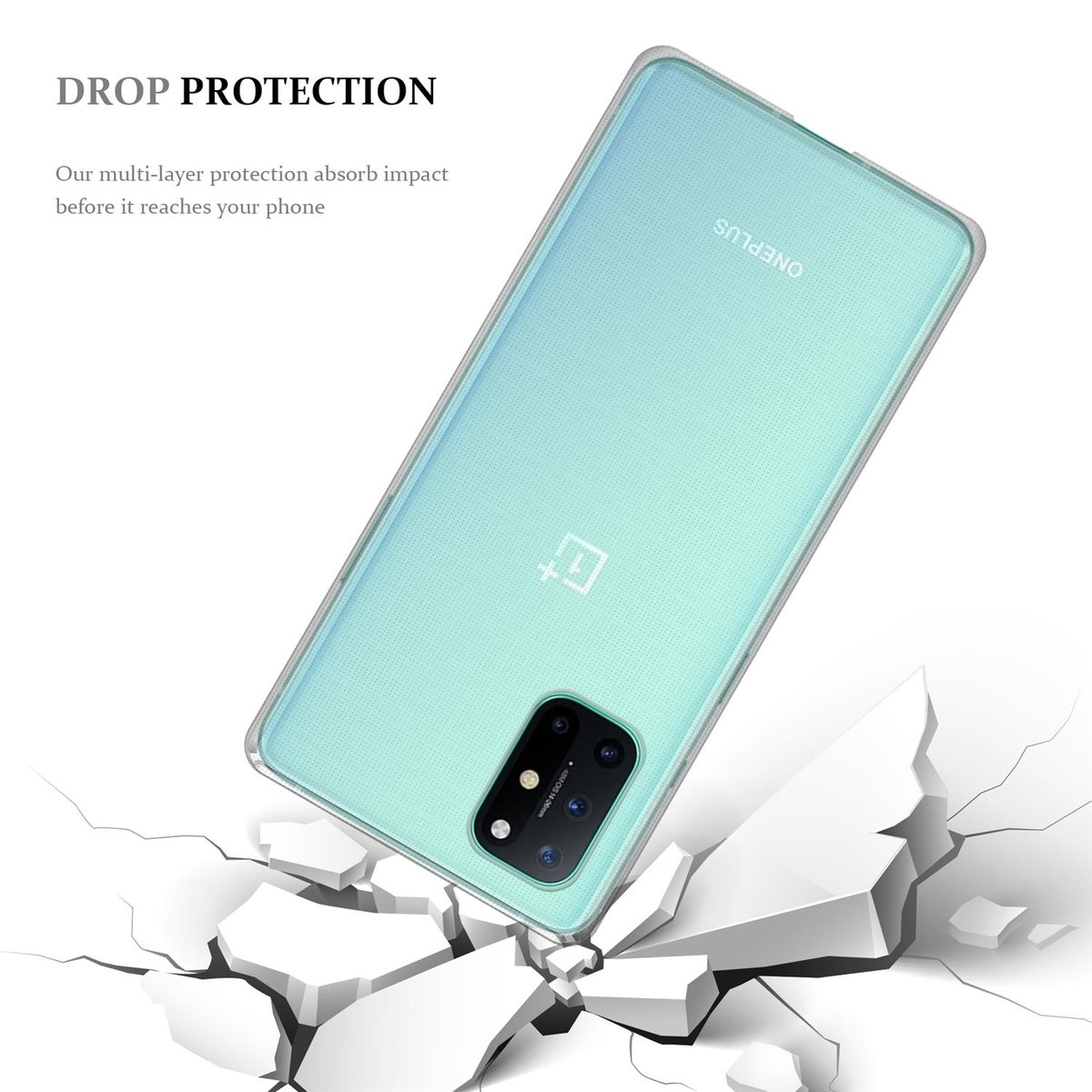 Eine Handyhülle mit einem zu Boden fallenden Telefon. Die Hülle ist hellblau und hat Fallschutz.